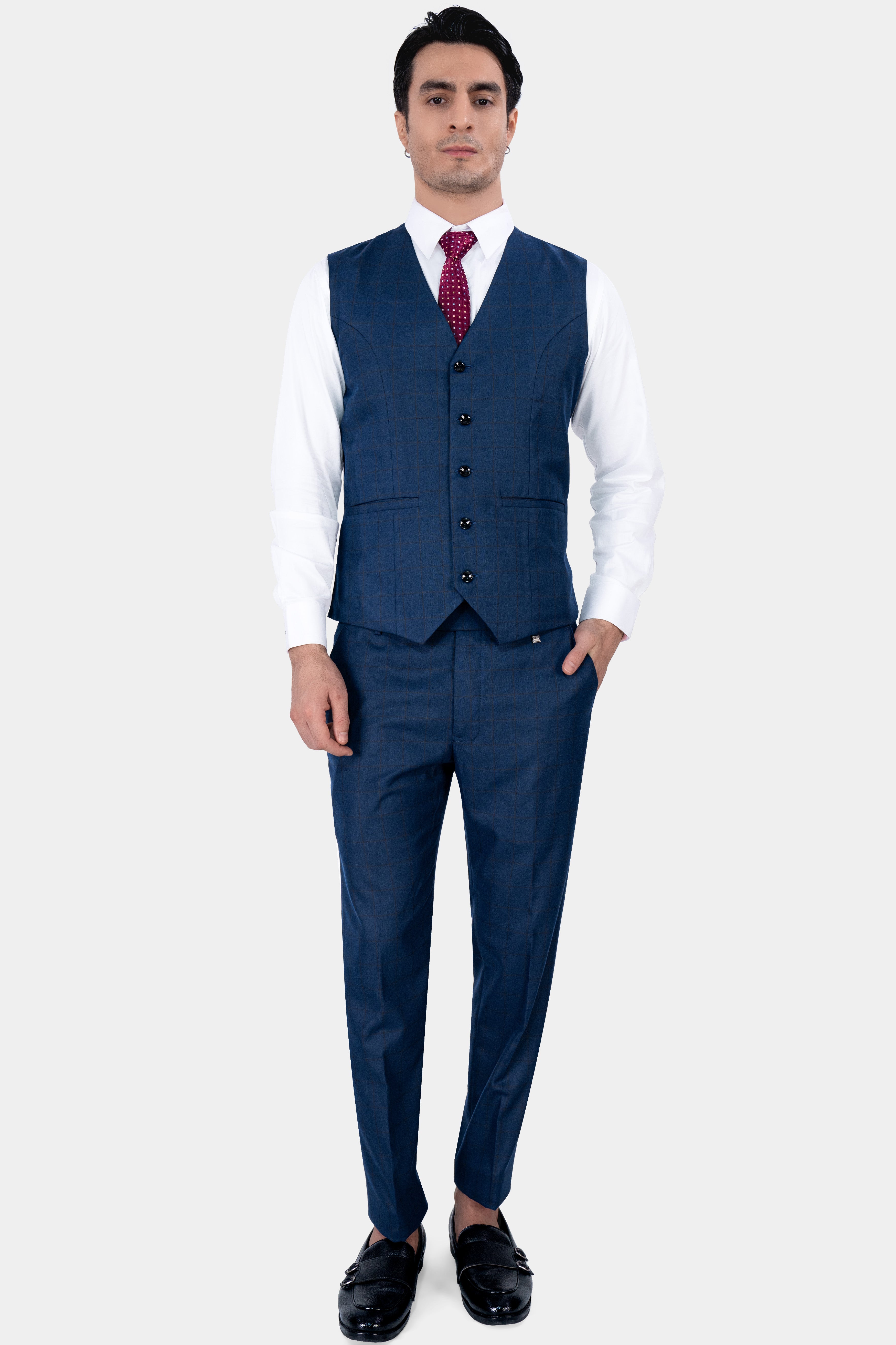 Tangaroa Blue and Subtle Black Checkered Wool Rich Waistcoat V2871-36, V2871-38, V2871-40, V2871-42, V2871-44, V2871-46, V2871-48, V2871-50, V2871-52, V2871-54, V2871-56, V2871-58, V2871-60