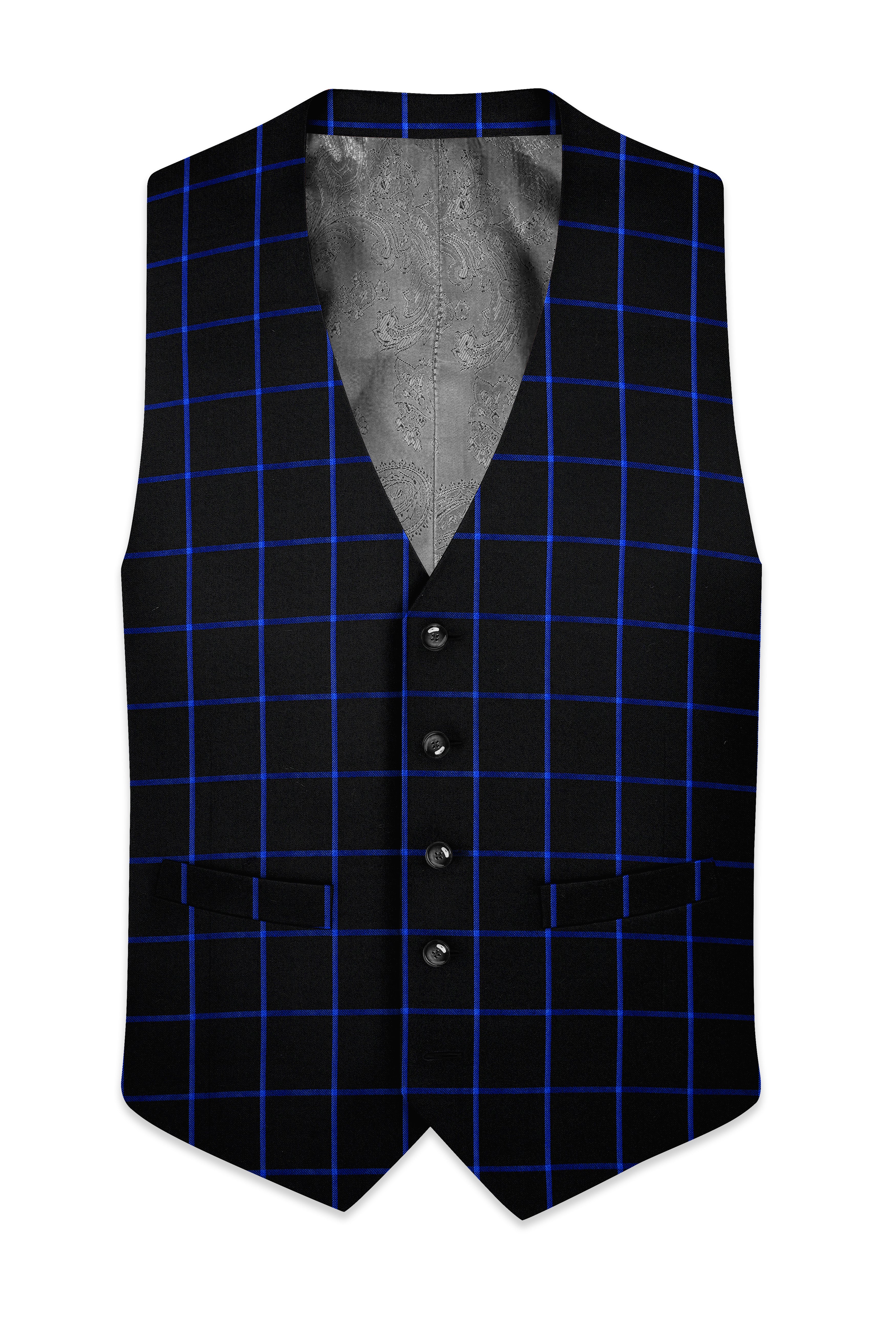 Jade Black With Cerulean Blue Windowpane Wool Rich Waistcoat