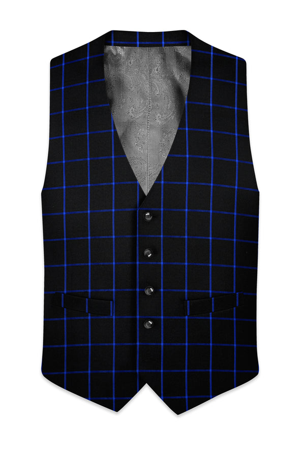 Jade Black With Cerulean Blue Windowpane Wool Rich Waistcoat