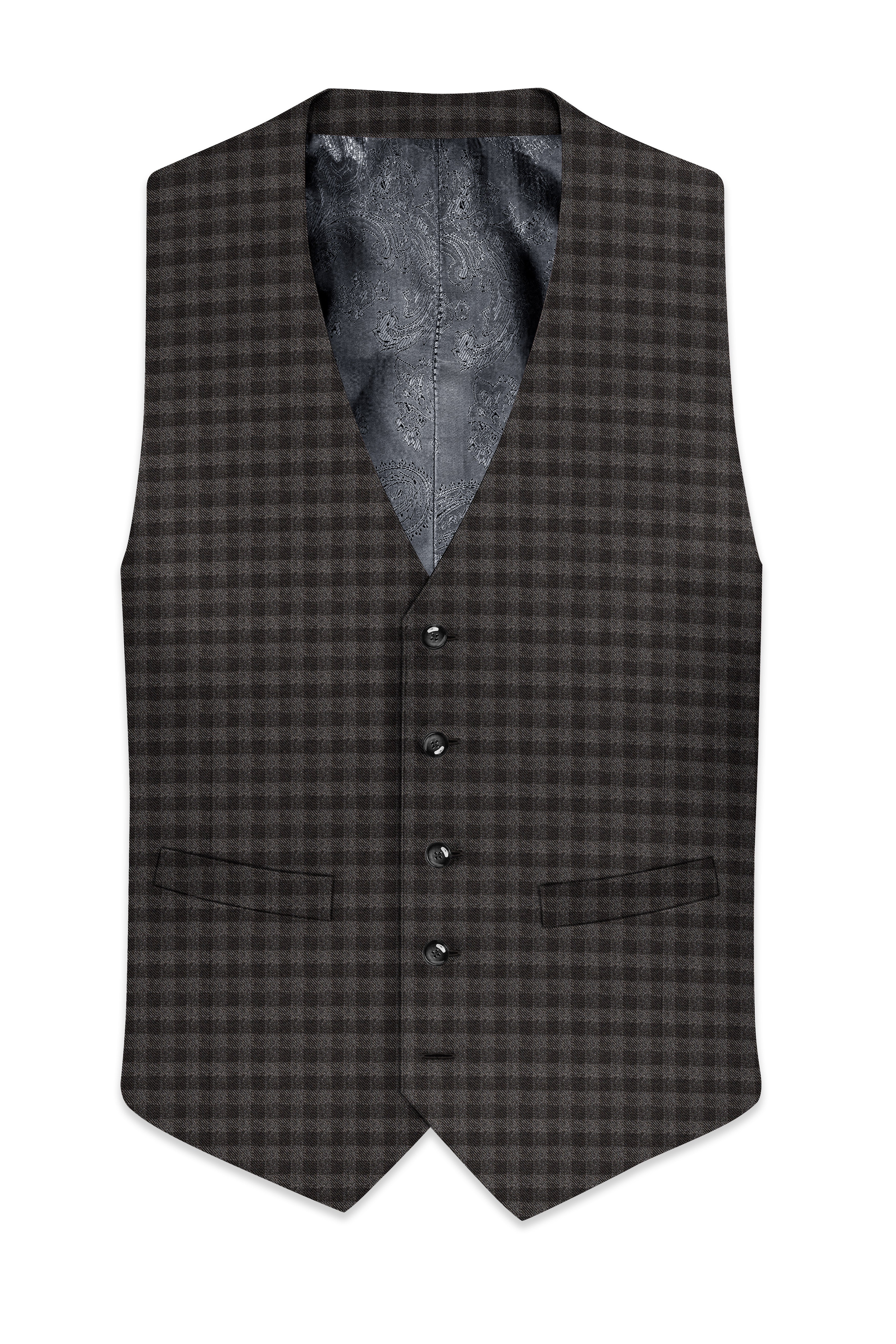 Jade Black and Storm Brown Plaid Wool Blend Waistcoat