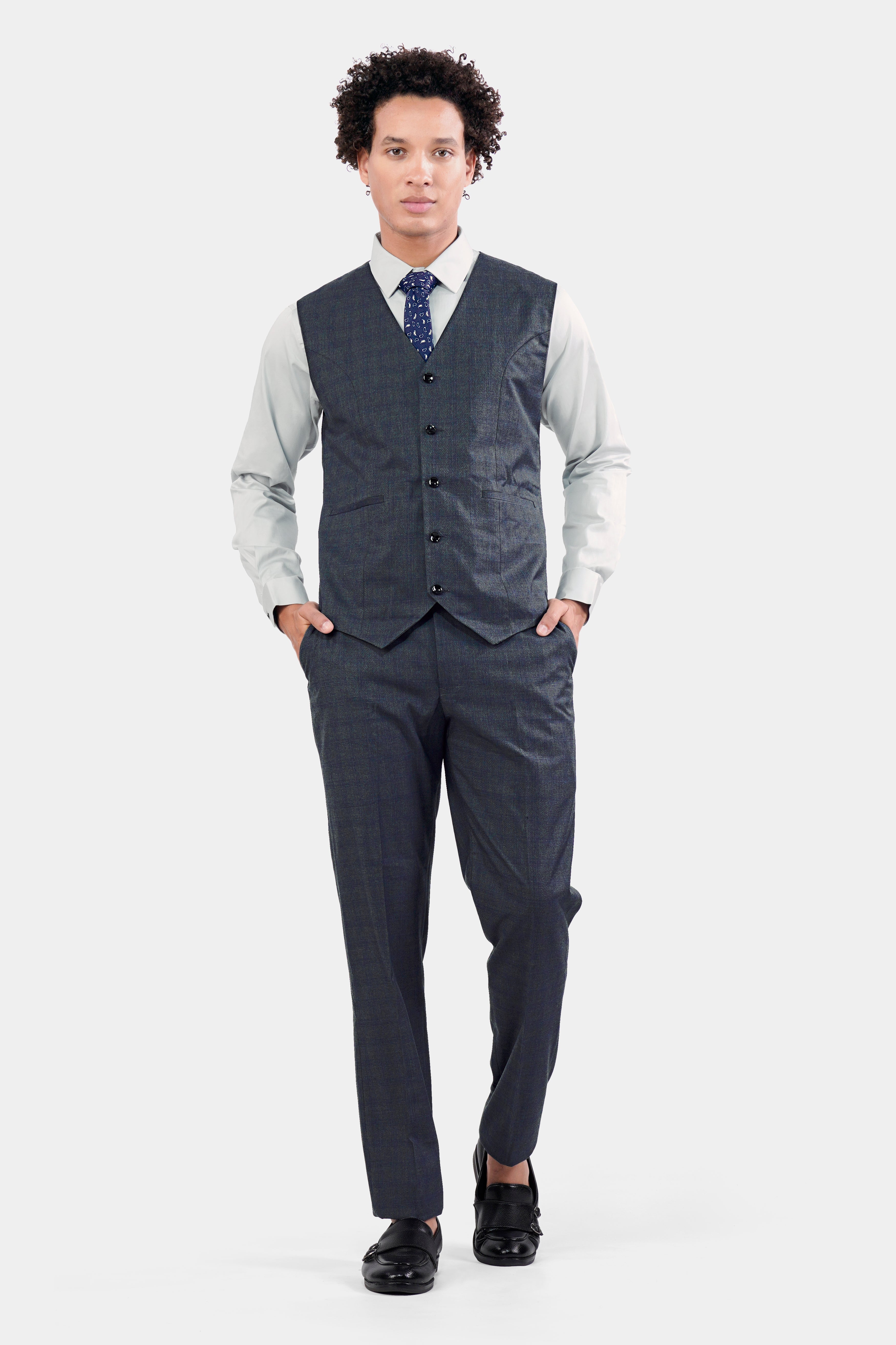 Capecod Gray and Delft Blue Subtle Checkered Wool Rich Waistcoat V2905-36, V2905-38, V2905-40, V2905-42, V2905-44, V2905-46, V2905-48, V2905-50, V2905-05, V2905-54, V2905-56, V2905-58, V2905-60