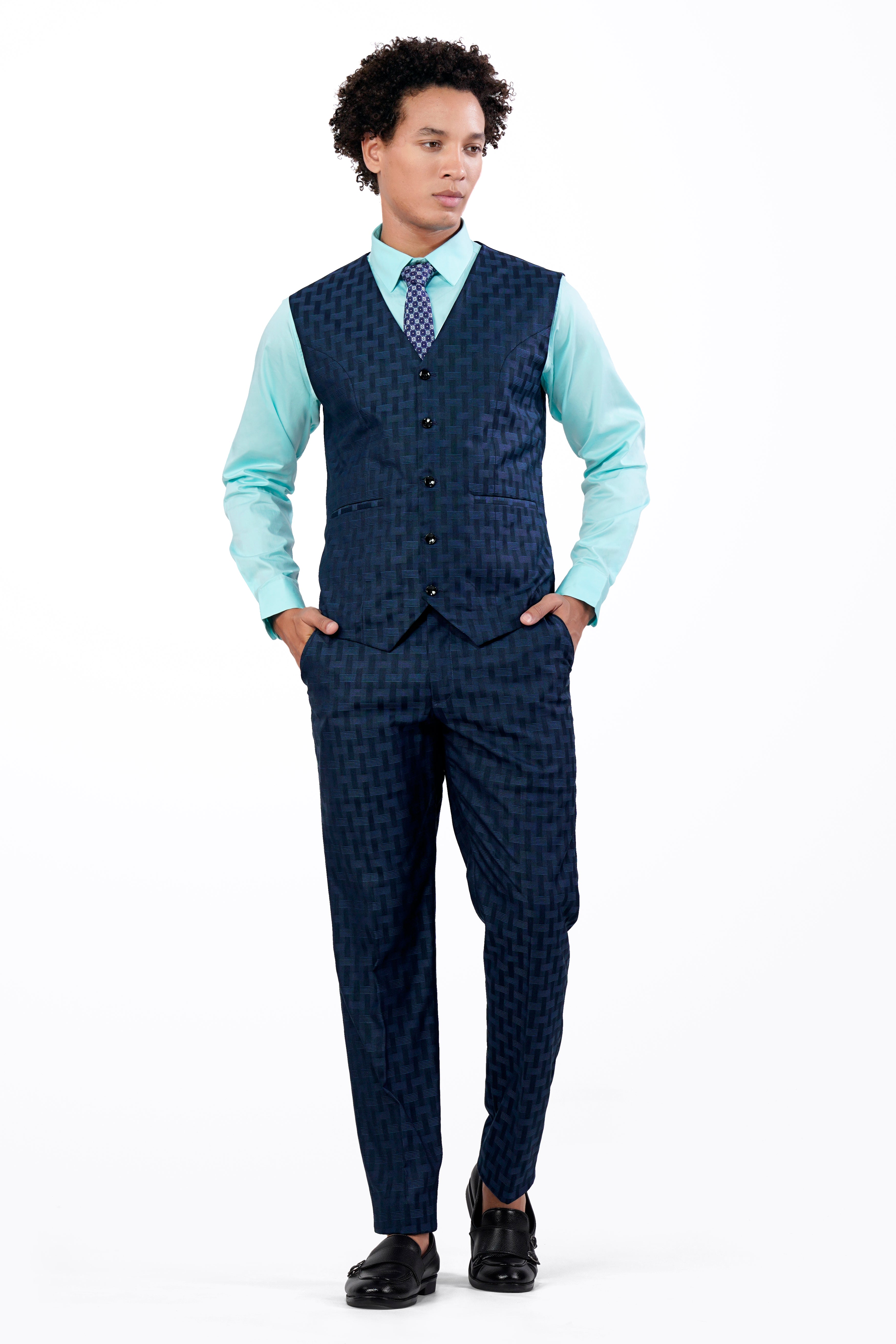 Midnight Blue with Nile Blue Jacquard Textured Waistcoat V2910-36, V2910-38, V2910-40, V2910-42, V2910-44, V2910-46, V2910-48, V2910-50, V2910-10, V2910-54, V2910-56, V2910-58, V2910-60