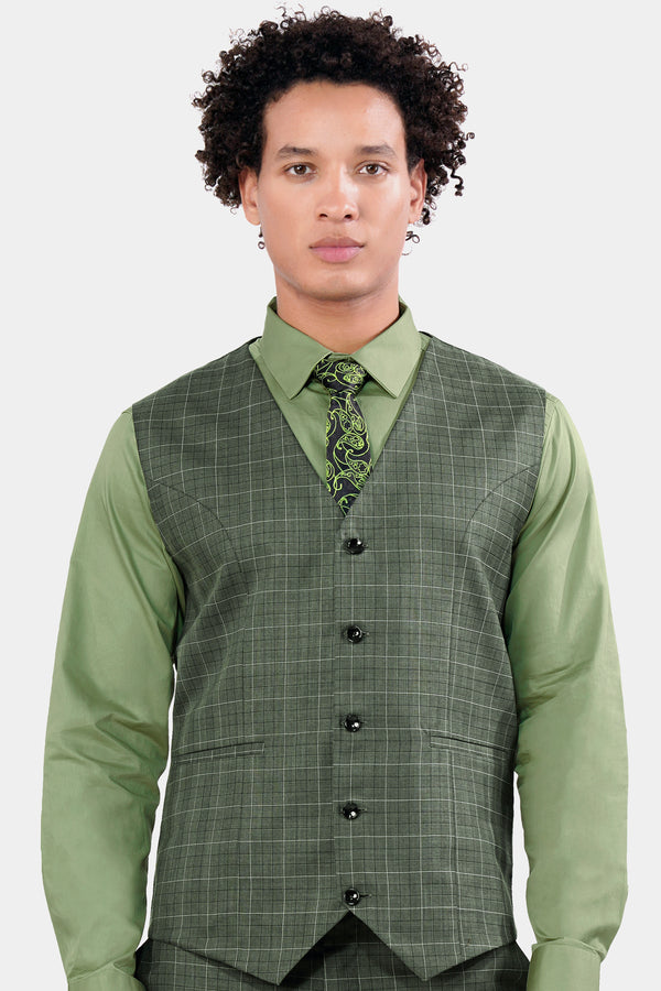 Artichoke Green Checkered Wool Rich Waistcoat V2913-36, V2913-38, V2913-40, V2913-42, V2913-44, V2913-46, V2913-48, V2913-50, V2913-13, V2913-54, V2913-56, V2913-58, V2913-60