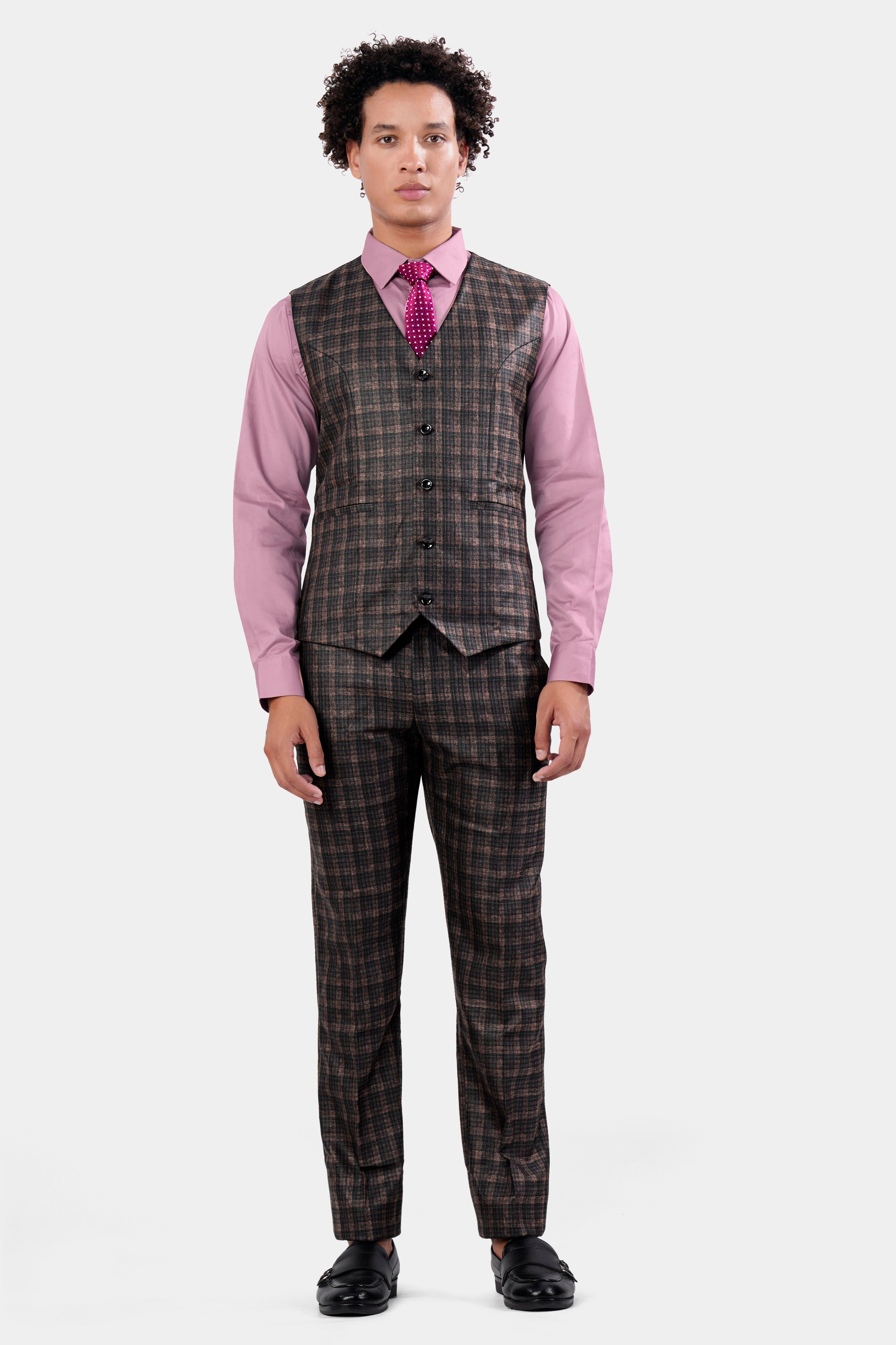 Bole Brown with Ebony Clay Black Plaid Wool Rich Waistcoat V2914-36, V2914-38, V2914-40, V2914-42, V2914-44, V2914-46, V2914-48, V2914-50, V2914-14, V2914-54, V2914-56, V2914-58, V2914-60