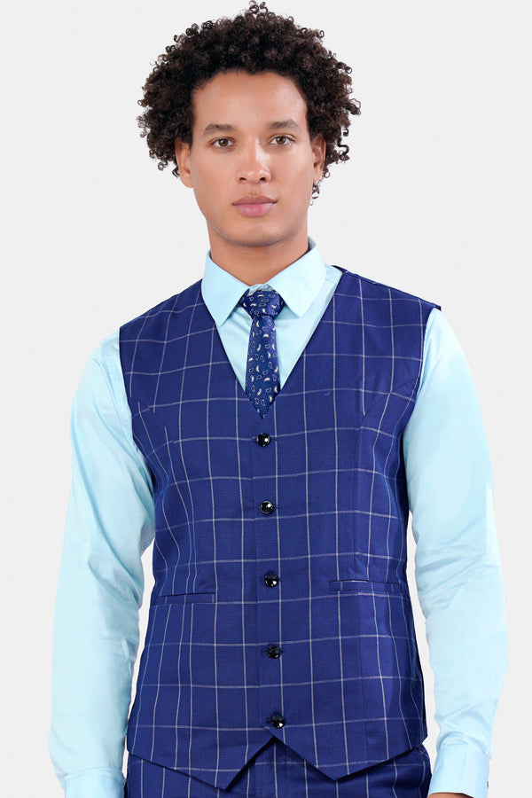 Lapis Blue Windowpane Wool Rich Waistcoat V2940-36, V2940-38, V2940-40, V2940-42, V2940-44, V2940-46, V2940-48, V2940-50, V2940-40, V2940-54, V2940-56, V2940-58, V2940-60