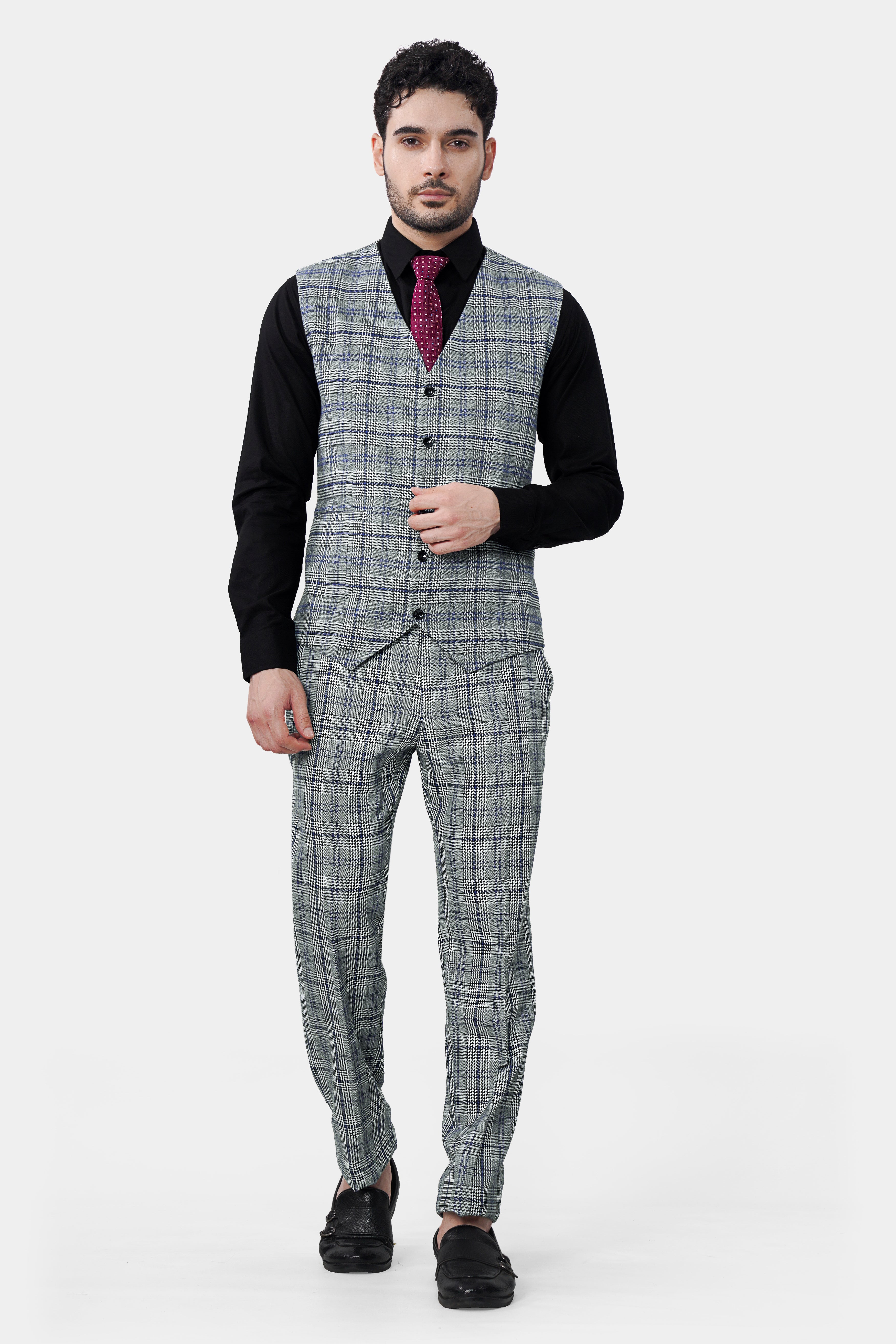 Chalice Gray and Chathams Blue Plaid Houndstooth Waistcoat V3027-36, V3027-38, V3027-40, V3027-42, V3027-44, V3027-46, V3027-48, V3027-50, V3027-27, V3027-54, V3027-56, V3027-58, V3027-60