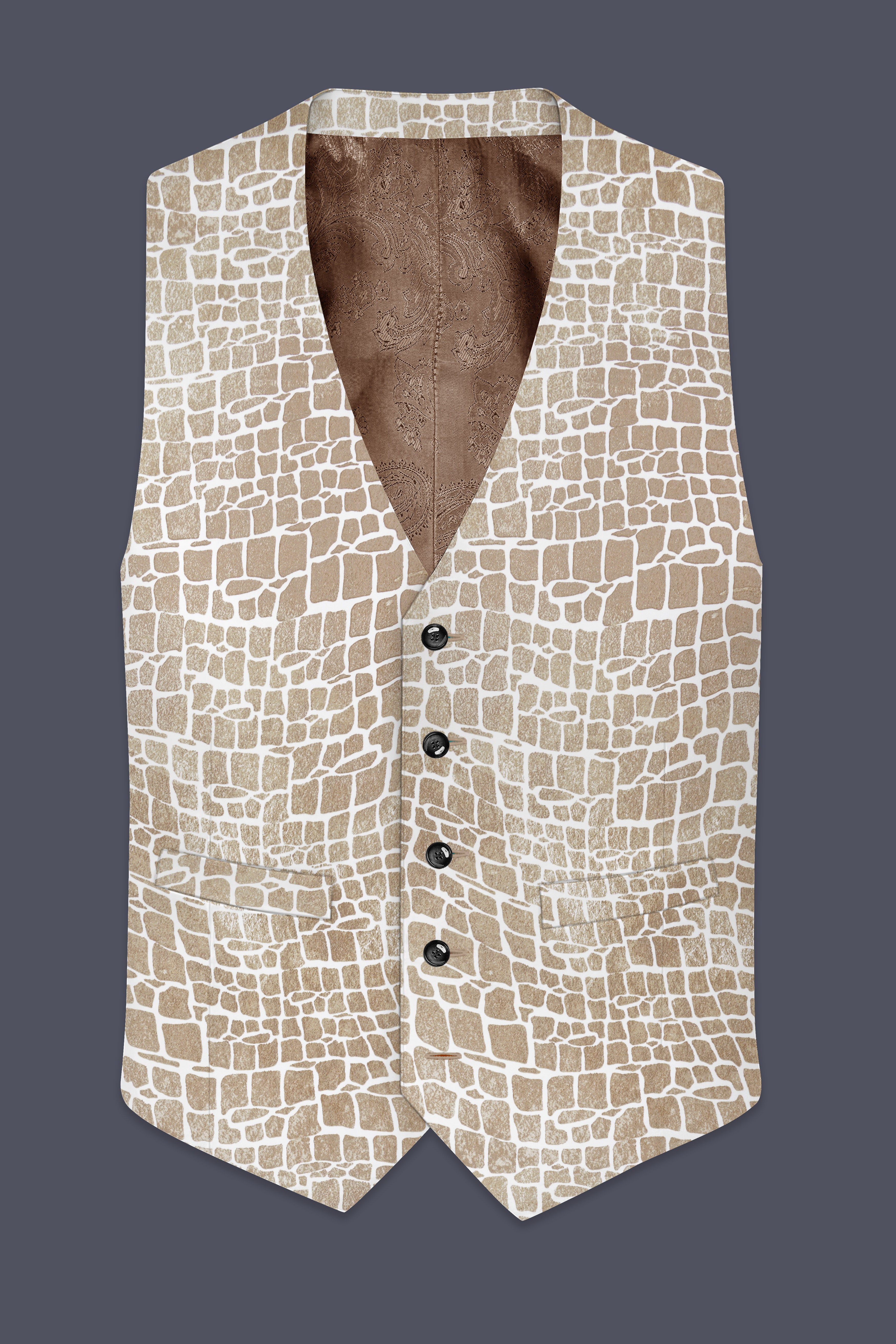 Bright White and Cocoa Brown Printed Premium Cotton Waistcoat