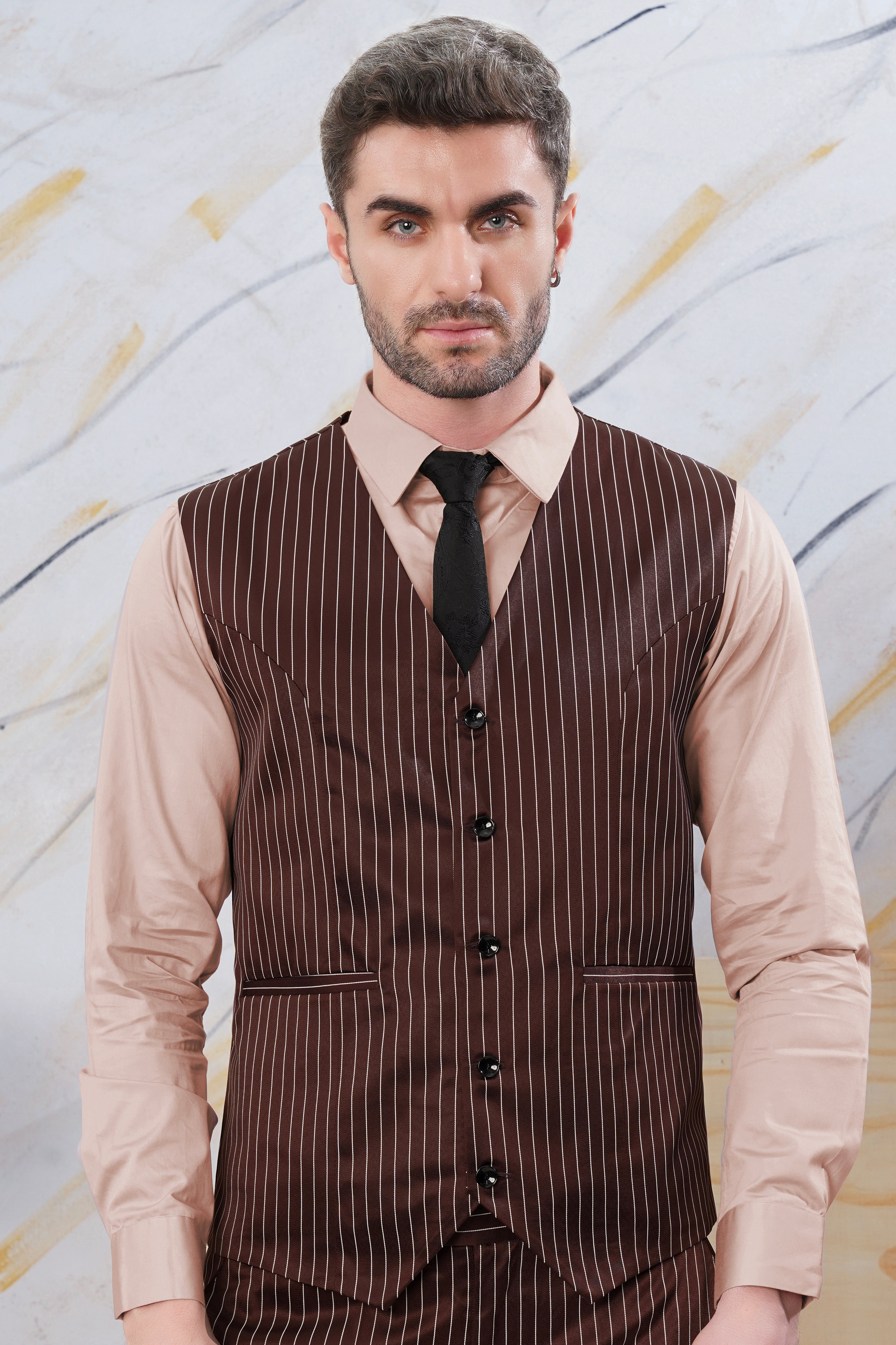 Cork Brown and White Striped Wool Rich Waistcoat