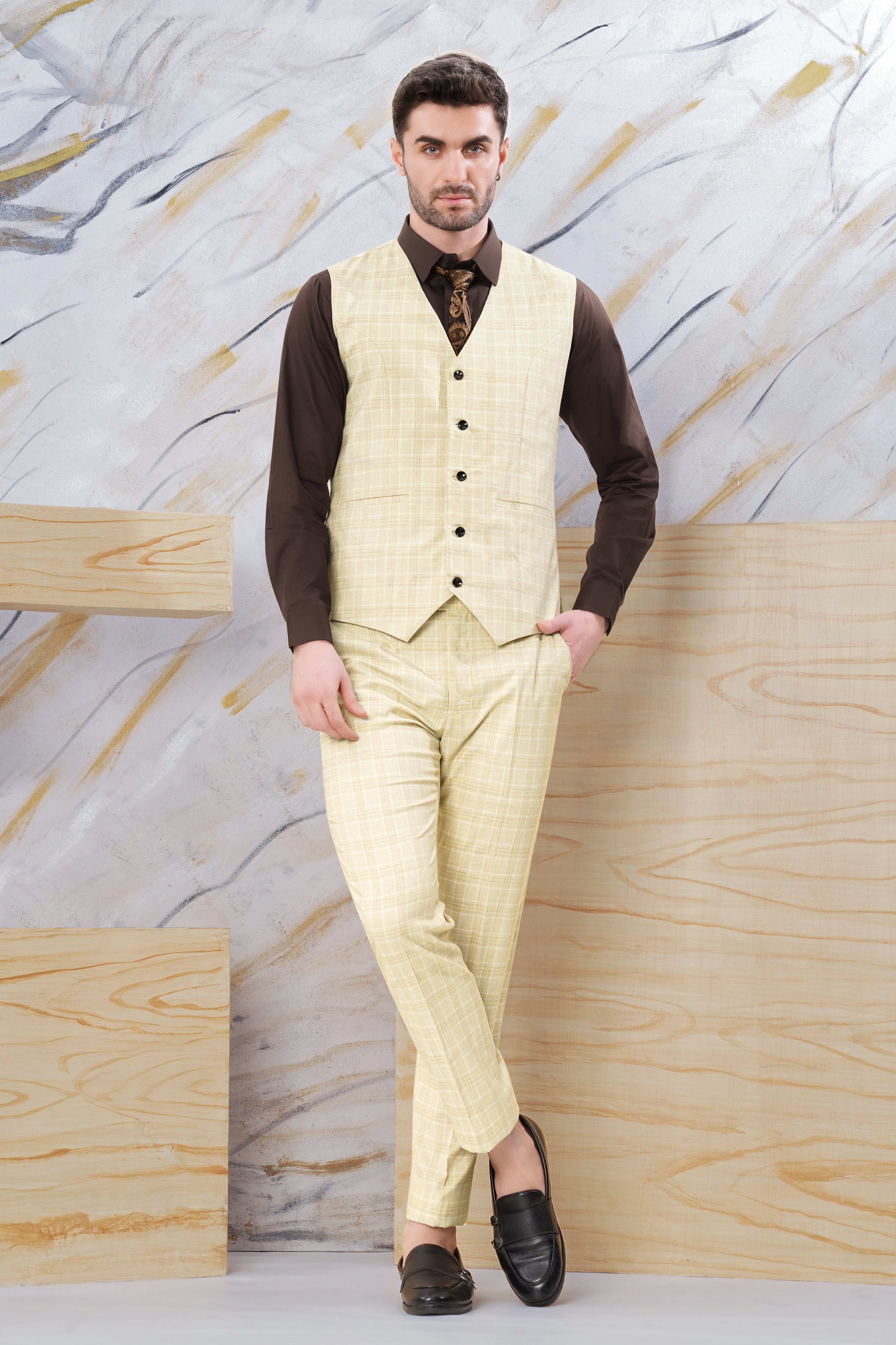 Hampton Beige Wool Rich Plaid Waistcoat