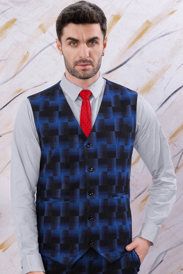 Marine Blue and Black Geometric Pattern Wool Rich Waistcoat