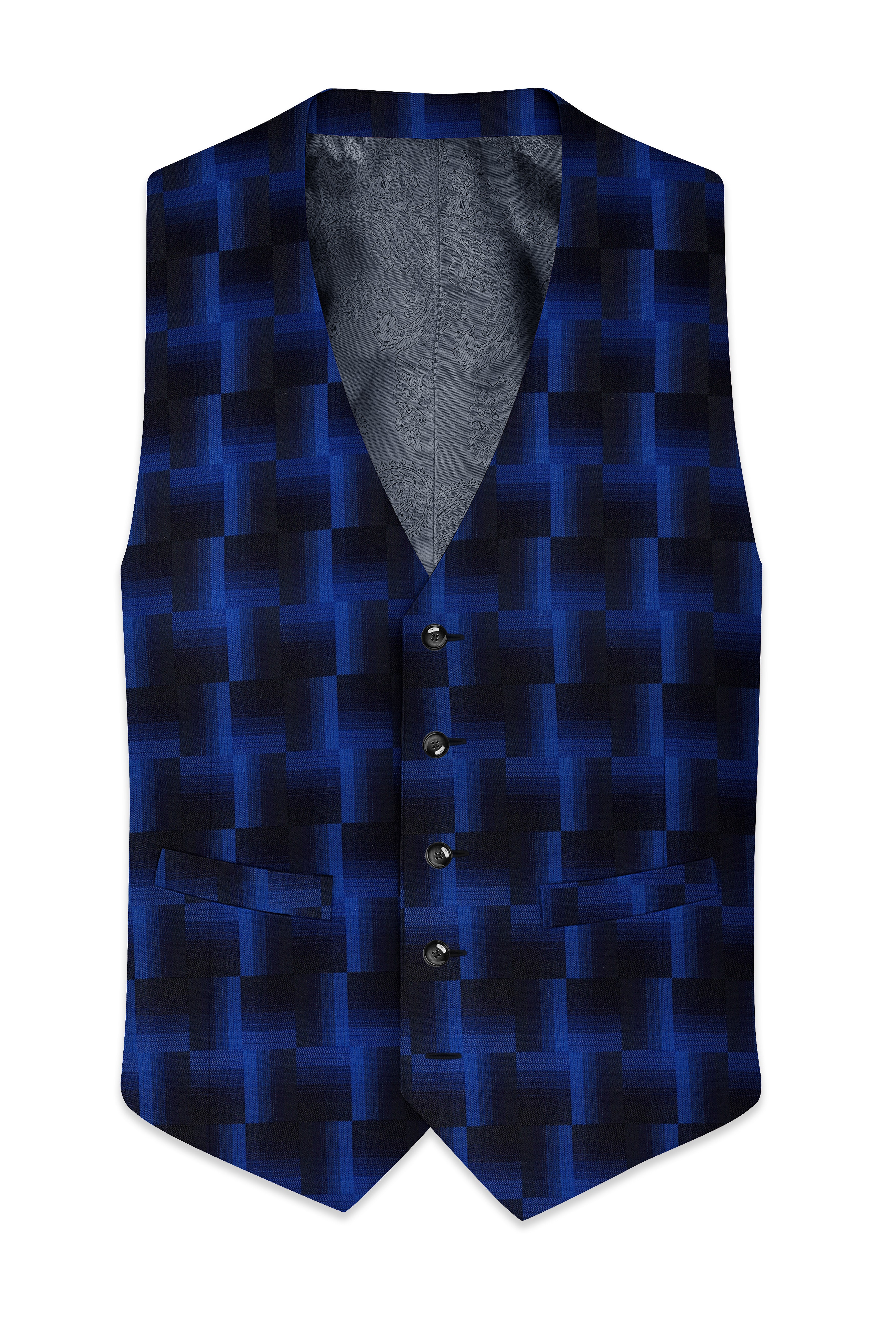 Marine Blue and Black Geometric Pattern Wool Rich Waistcoat