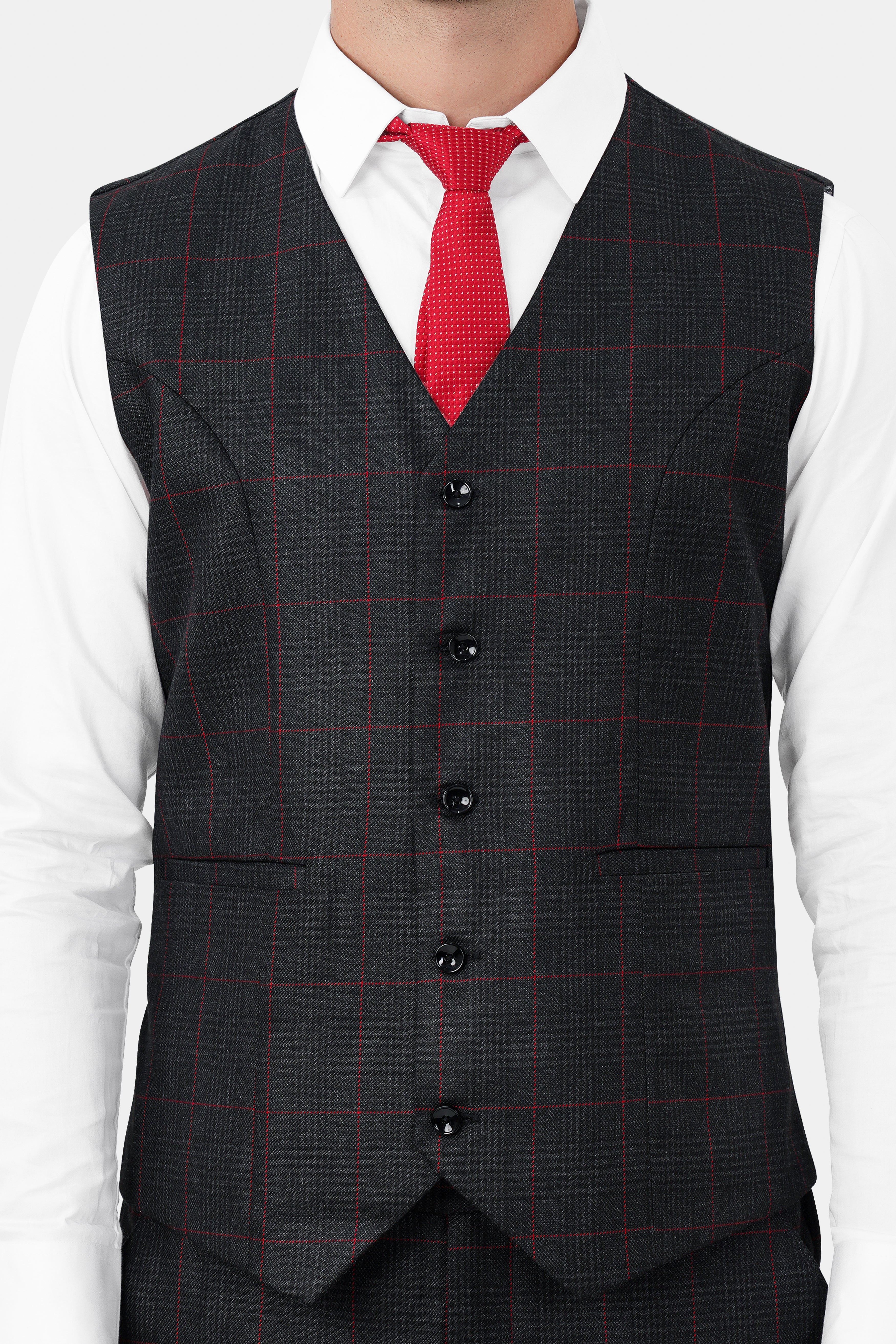 Bunker Black and Maple Red Windowpane Tweed Waistcoat