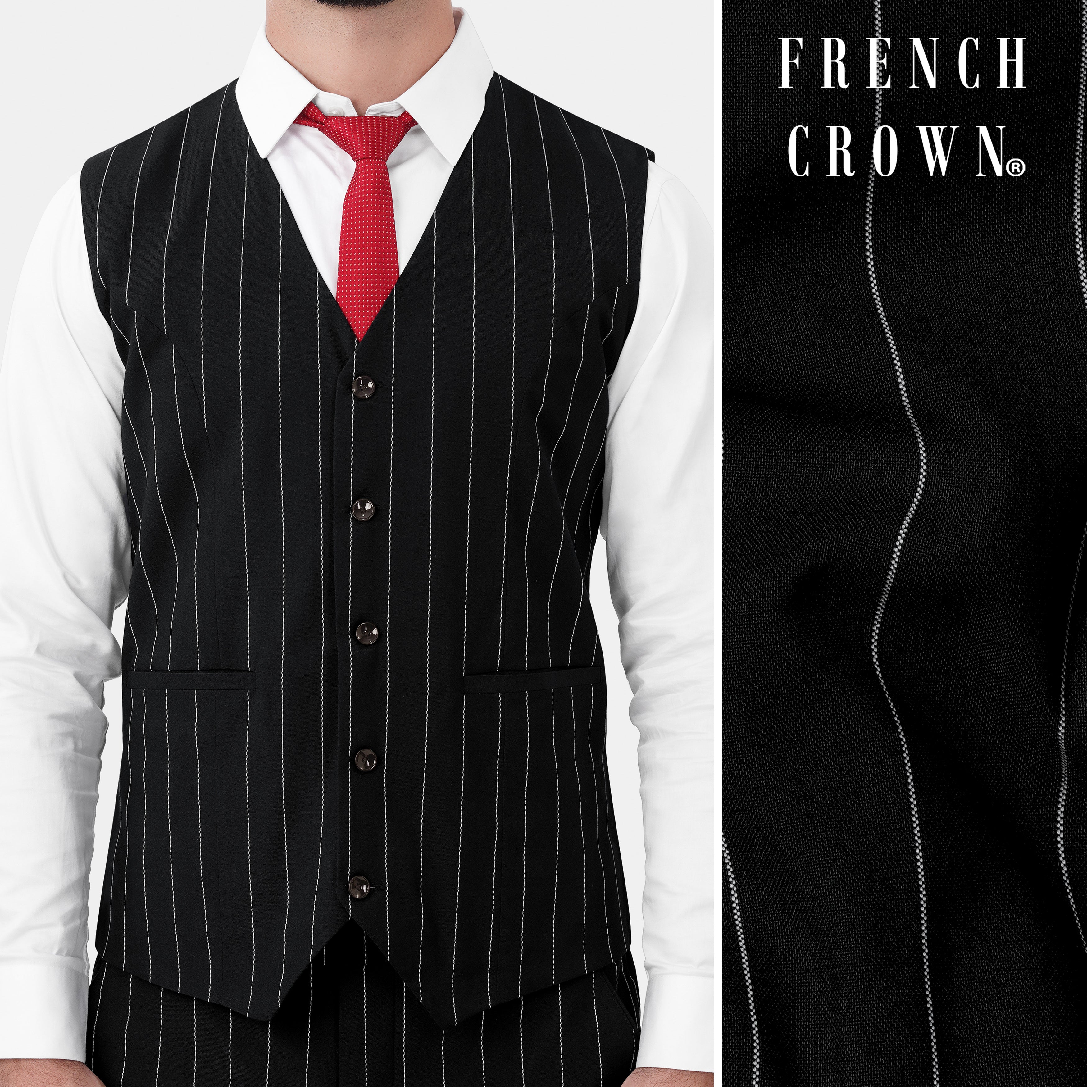 Jade Black and White Striped Wool Rich Waistcoat