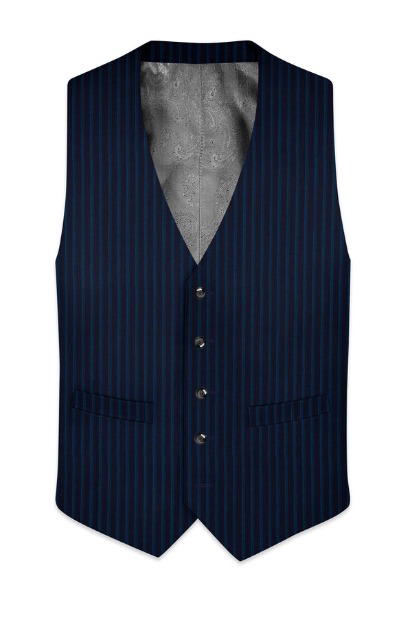 Ebony Blue and Marine Blue Pinstriped Wool Rich Waistcoat
