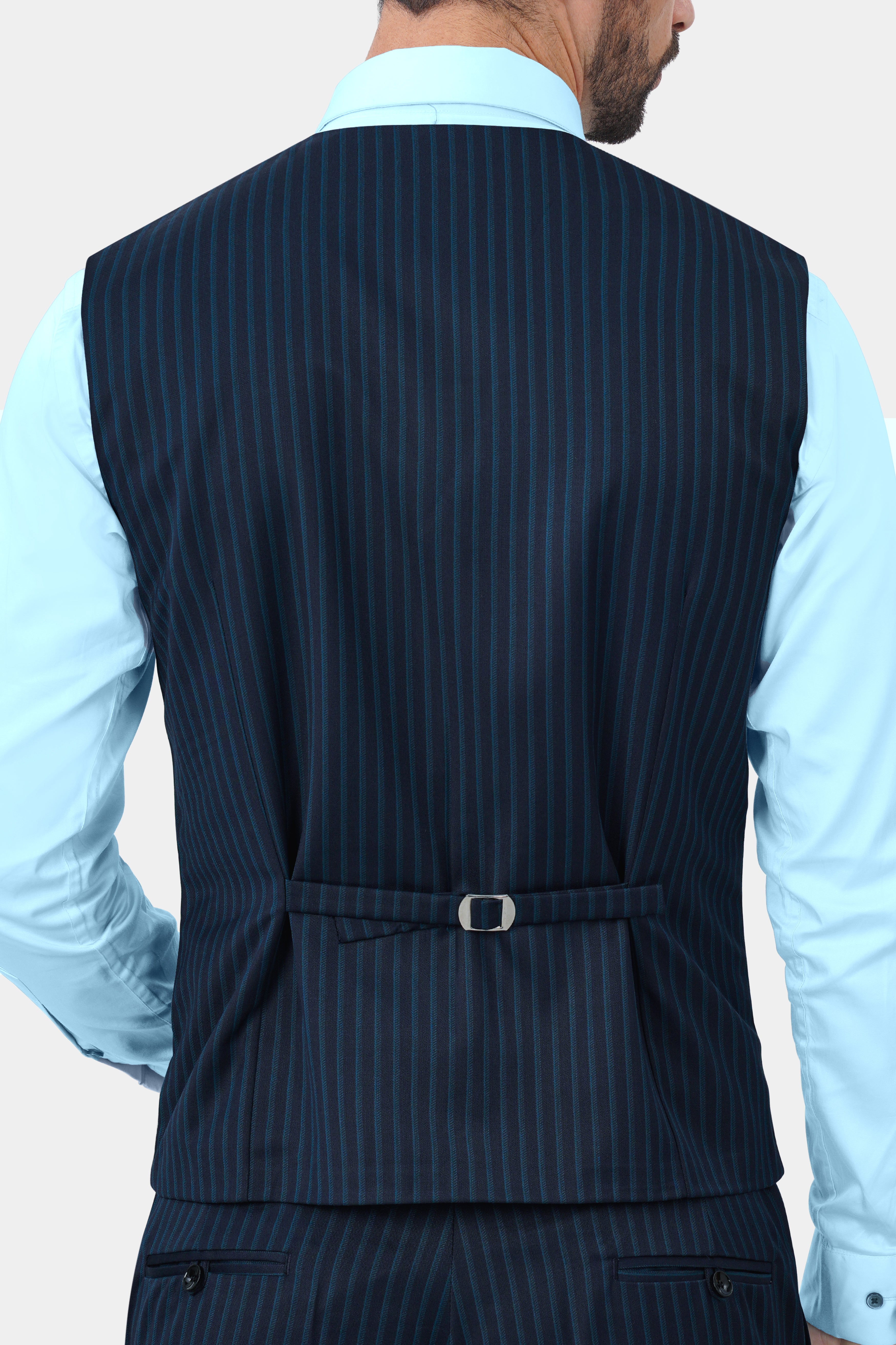 Ebony Blue and Marine Blue Pin Striped Wool Rich Waistcoat