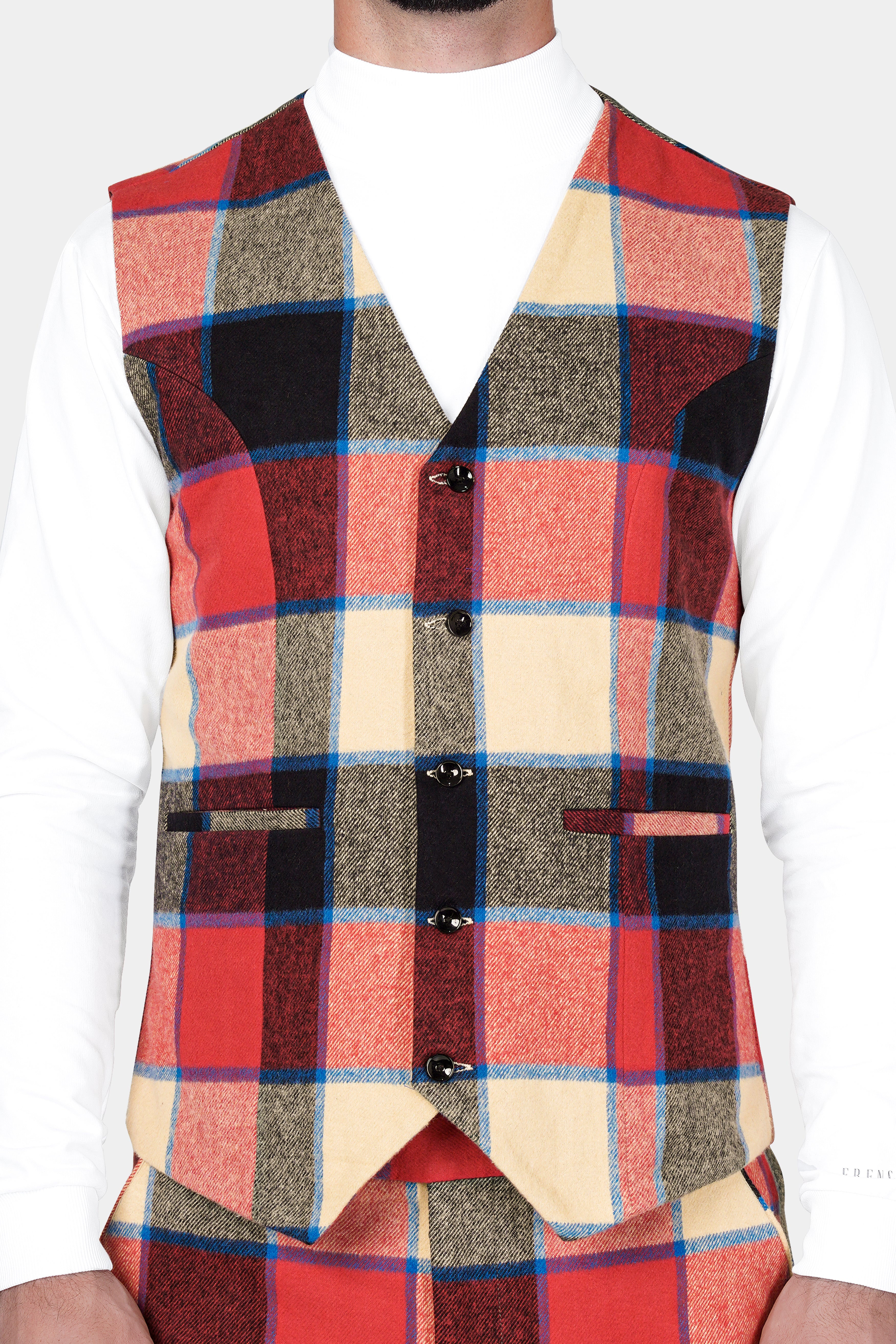 Jasper Red and Raffia Beige Multicolor Windowpane Tweed Waistcoat