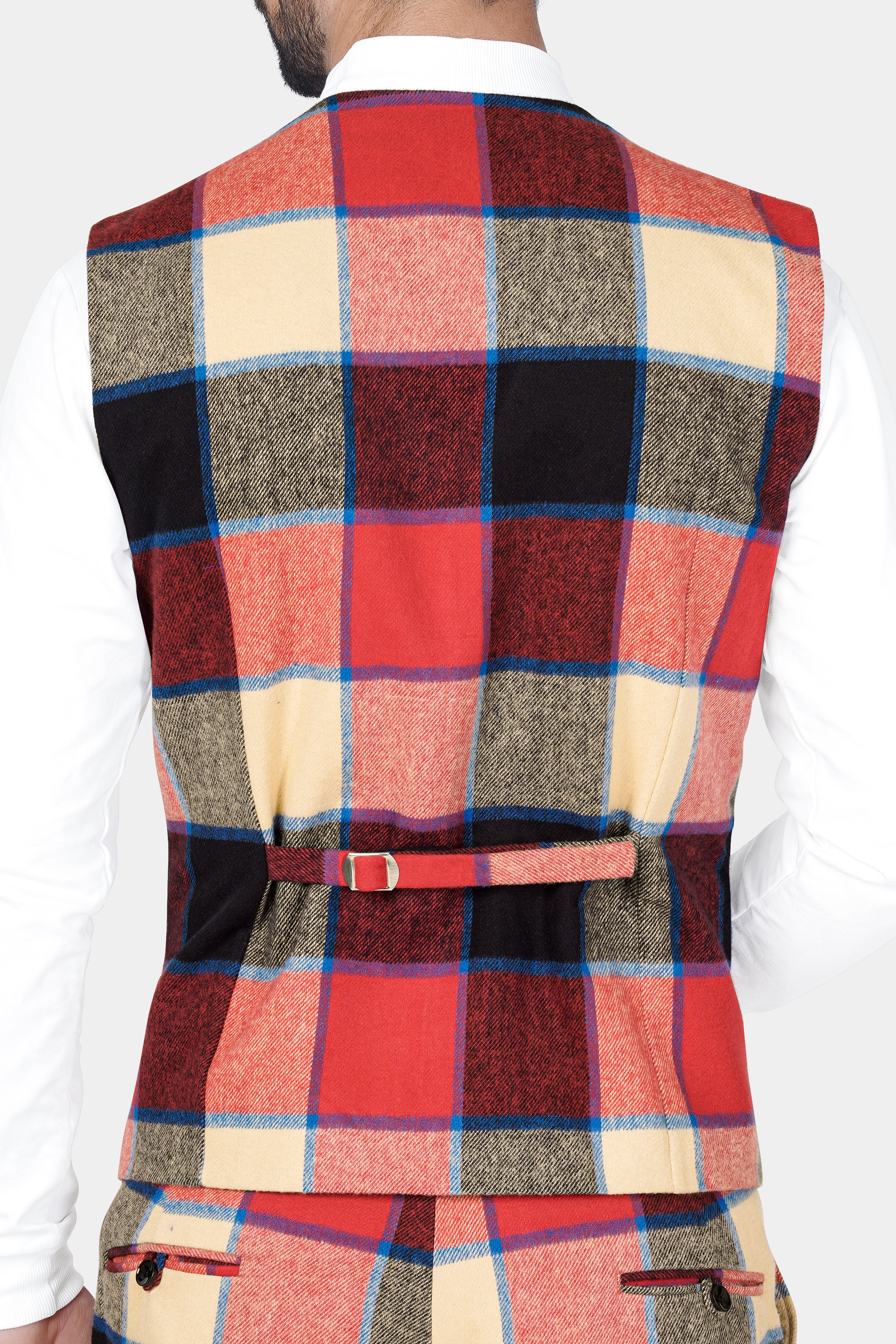 Jasper Red and Raffia Beige Multicolor Windowpane Tweed Waistcoat