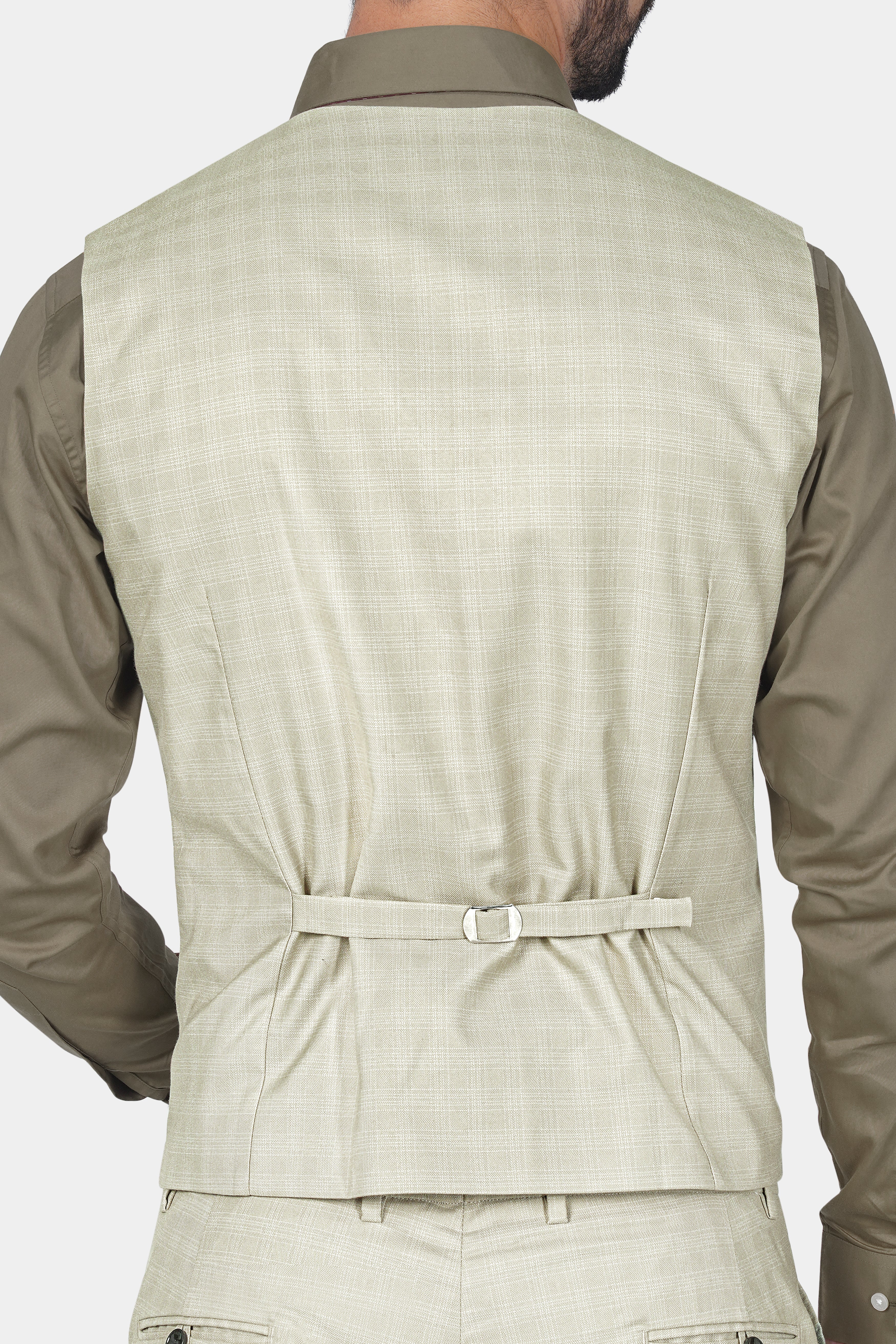 Bone Cream Subtle Plaid Wool Rich Waistcoat