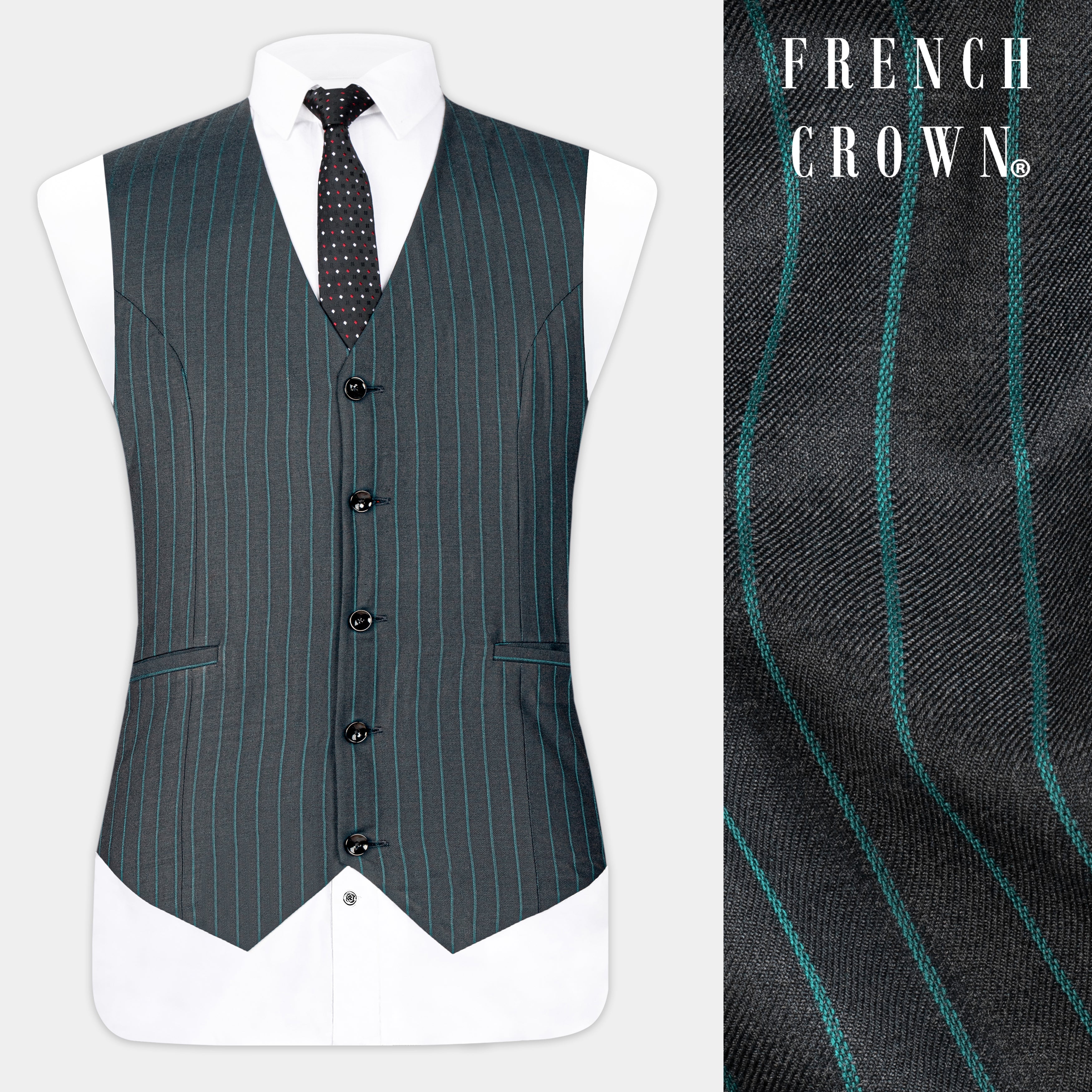 Gravel Gray and Lagoon Blue Striped Wool Rich Waistcoat
