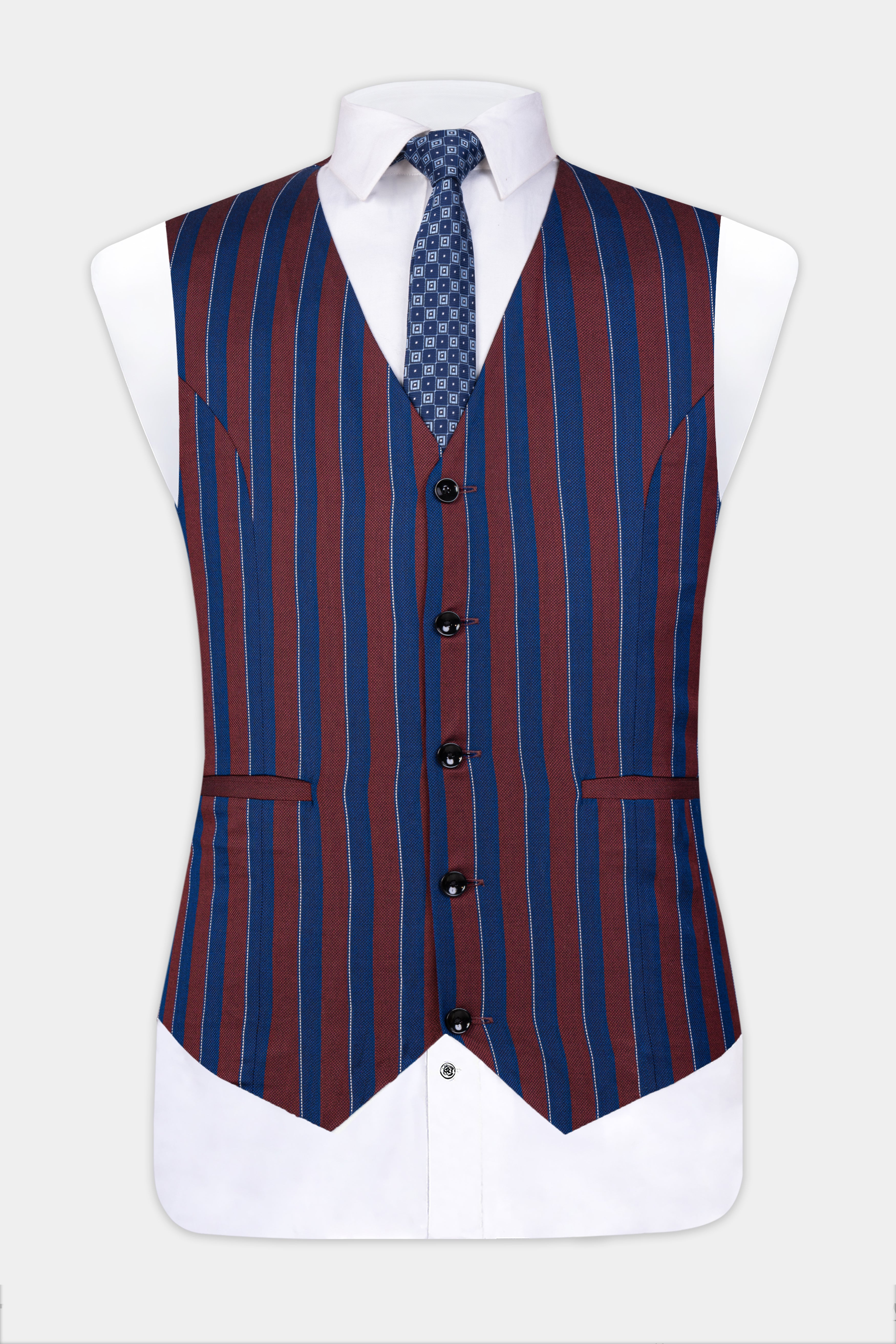 Espresso Red and Downriver Blue Striped Wool Rich Waistcoat