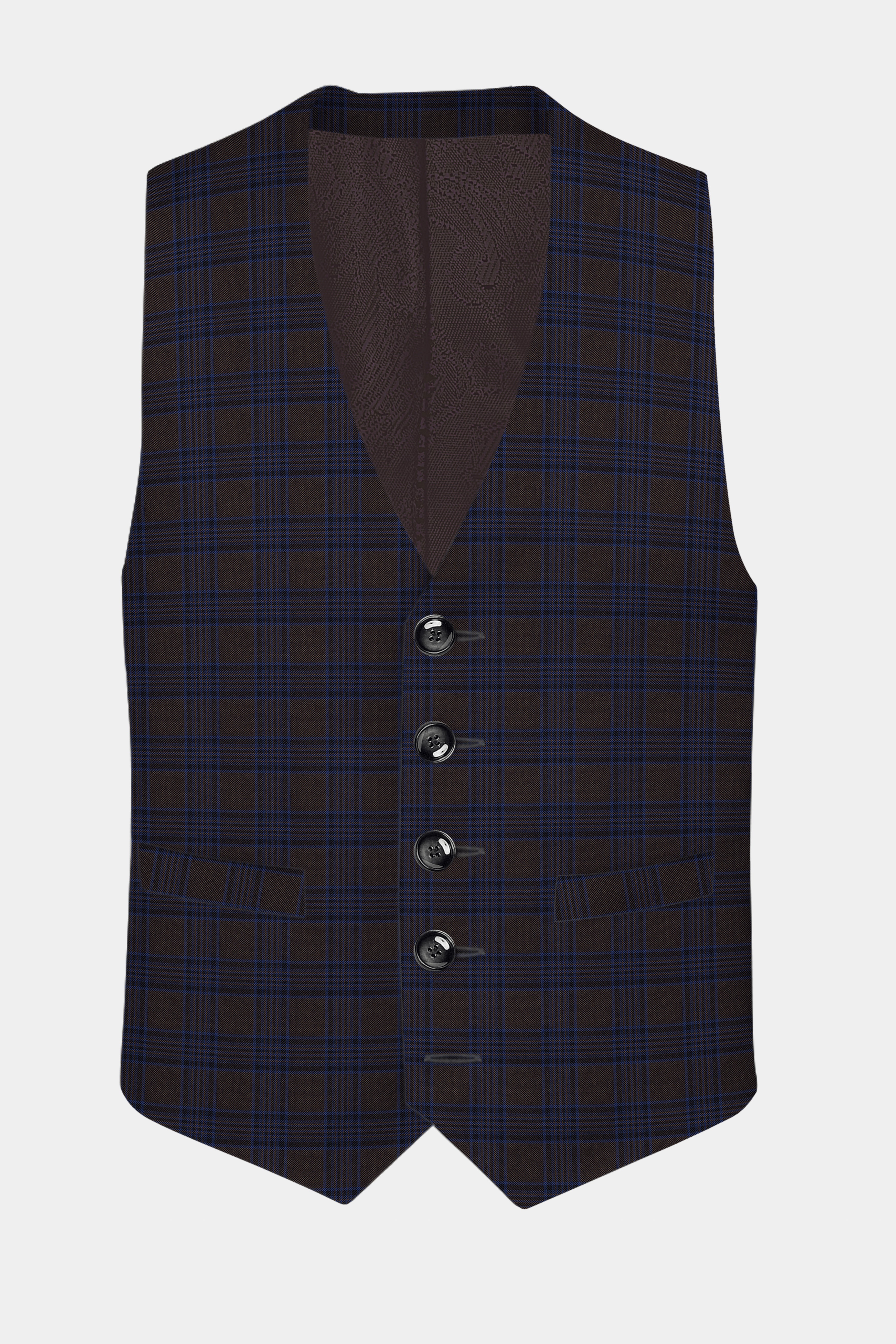 Coffee Bean Brown And Bunting Blue Windowpane Wool Rich Waistcoat