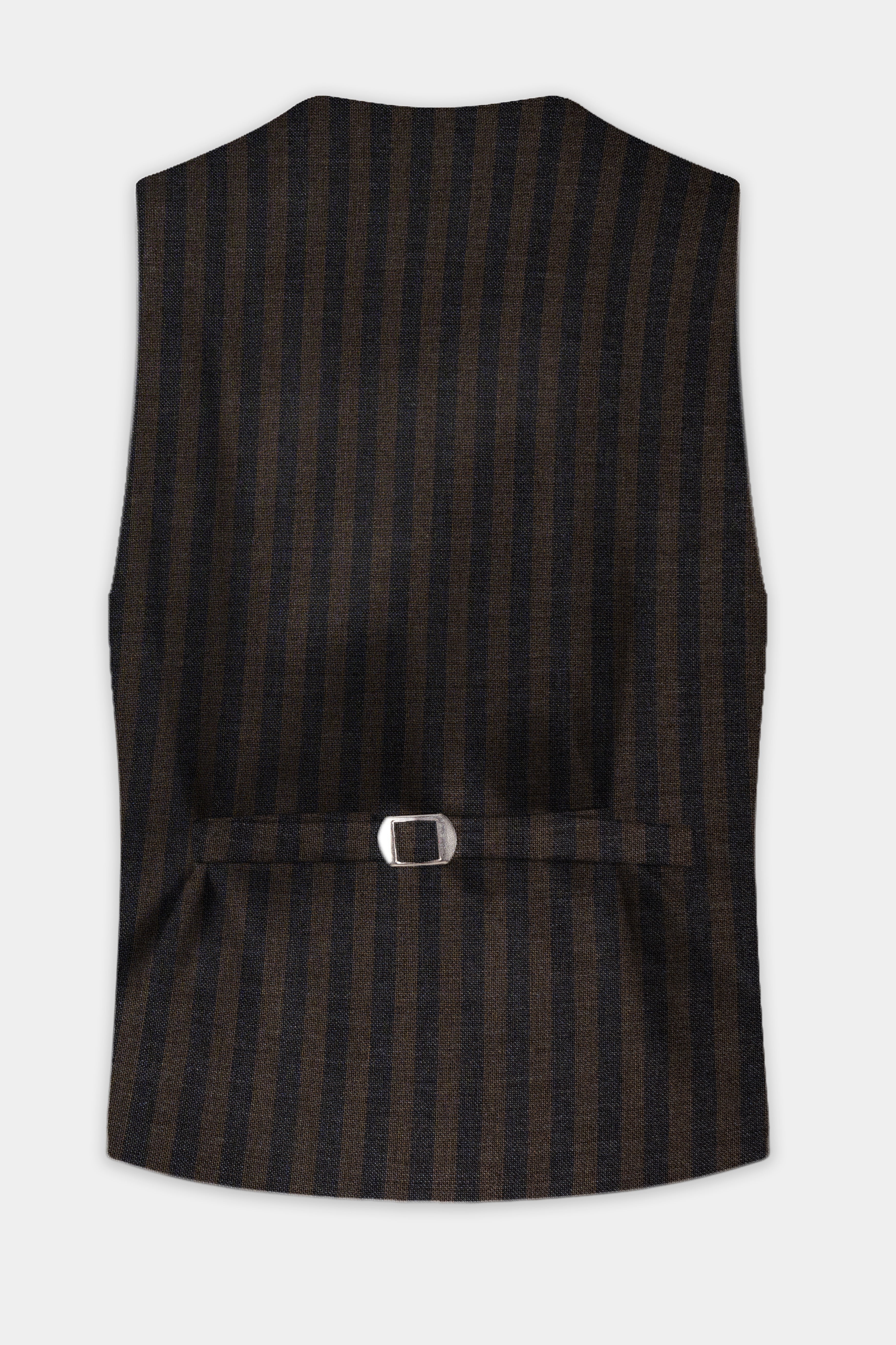 Taupe Brown With Jade Black Striped Wool Blend Waistcoat