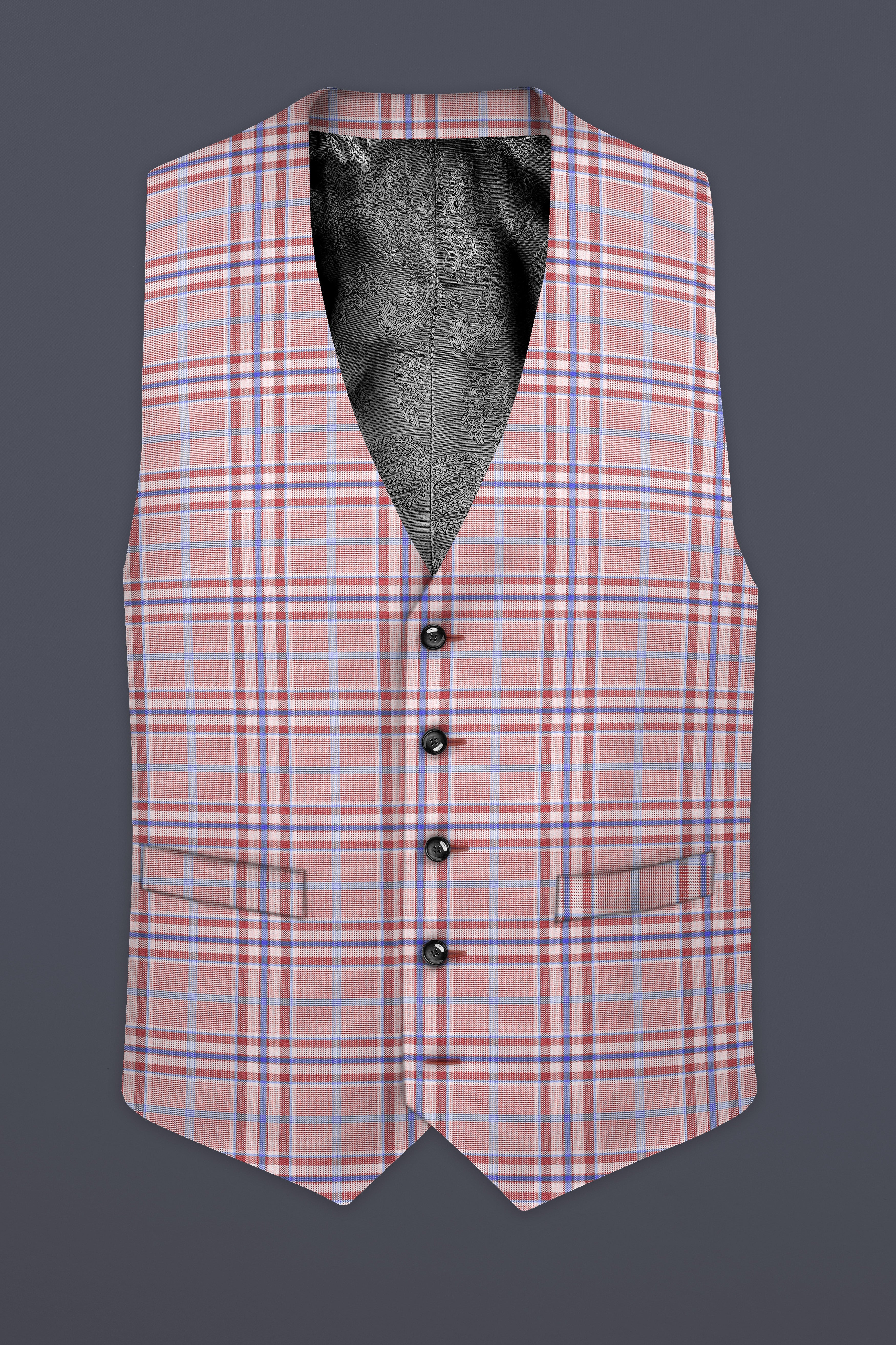 Turkish Rose Pink And Wild Blue Plaid Wool Rich Waistcoat