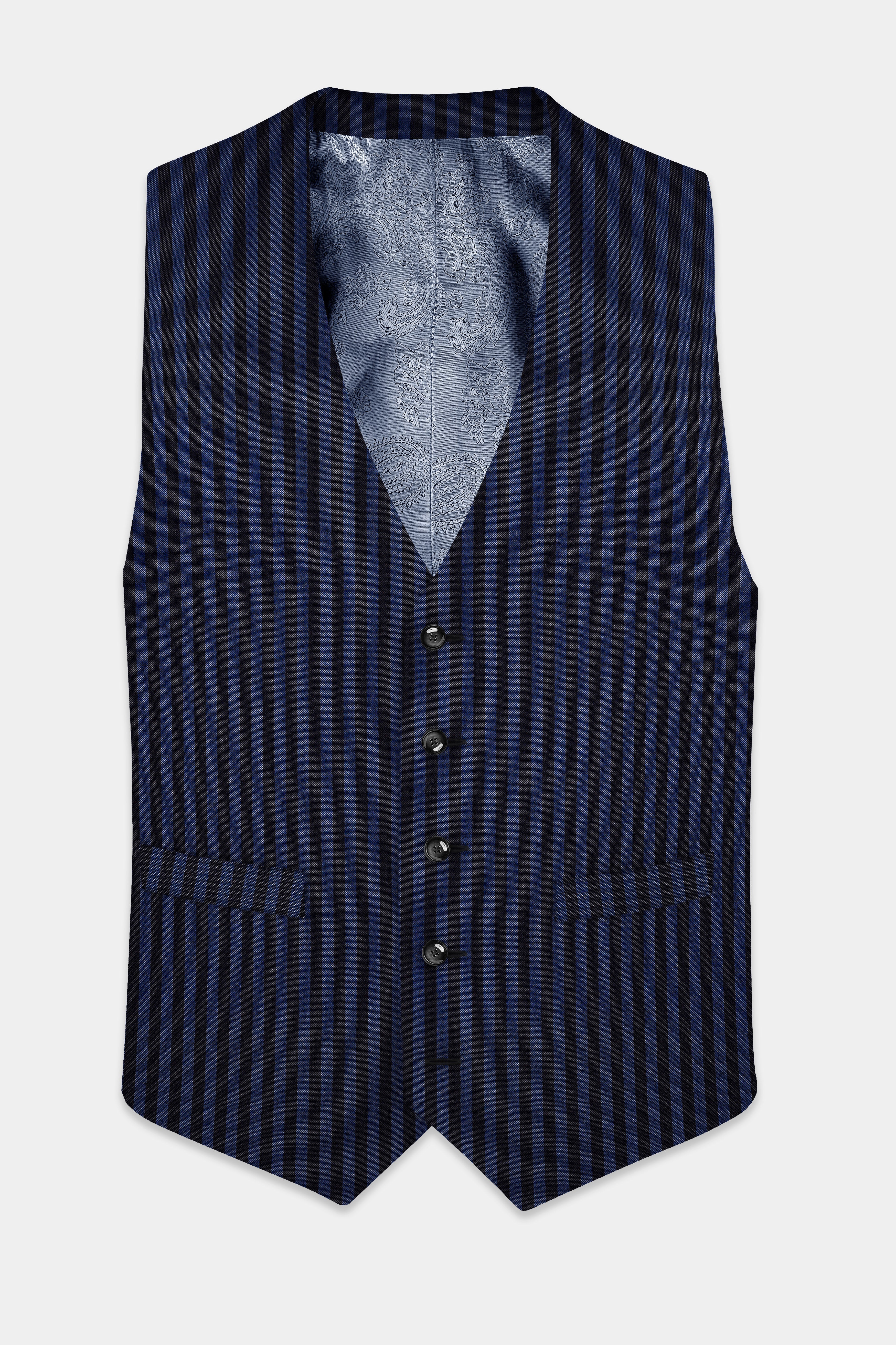 Royal Blue And Jade Black Striped Wool Rich Waistcoat