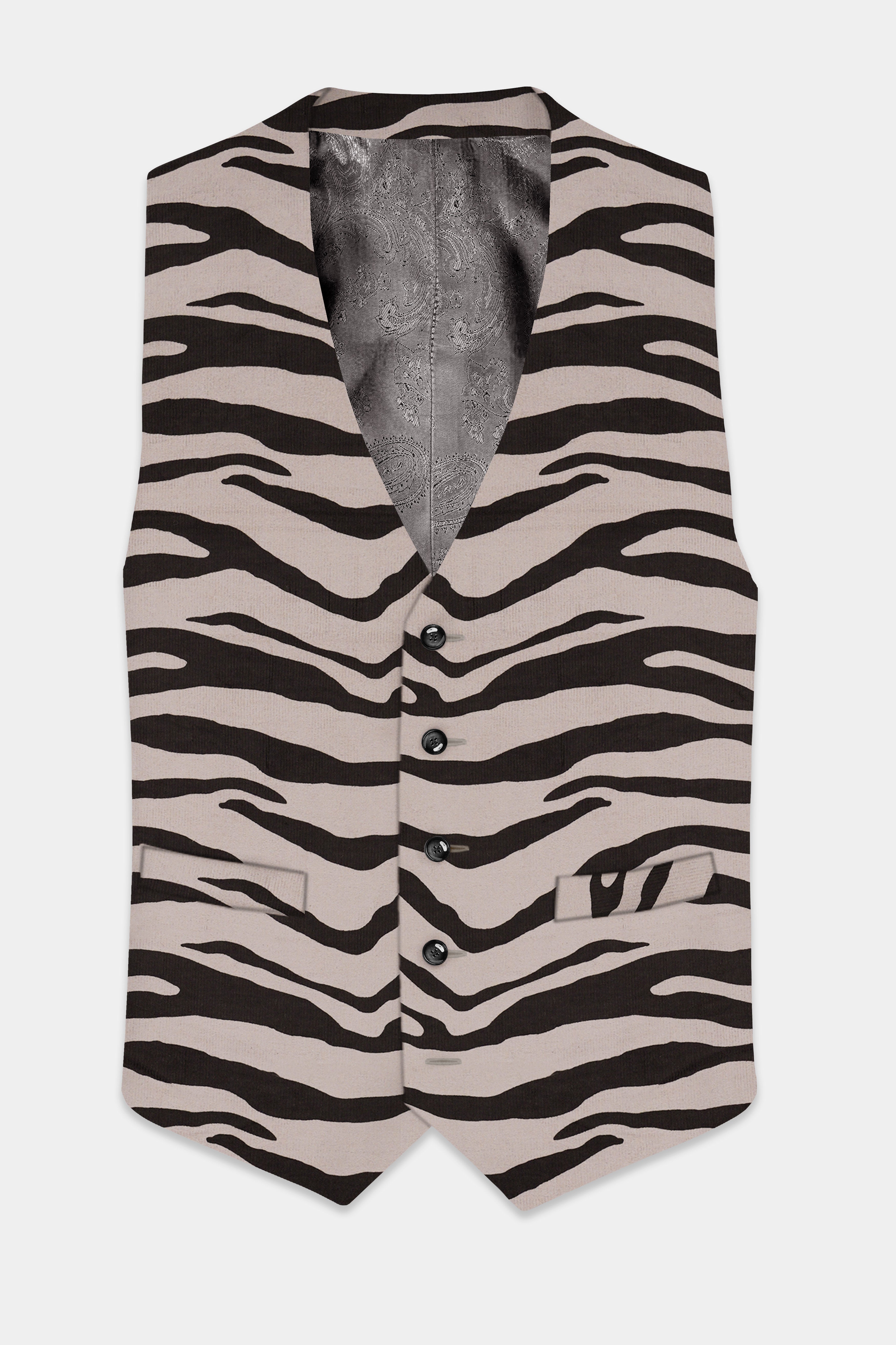 Silk Cream And Zeus Brown Animal Printed Corduroy Cotton Waistcoat