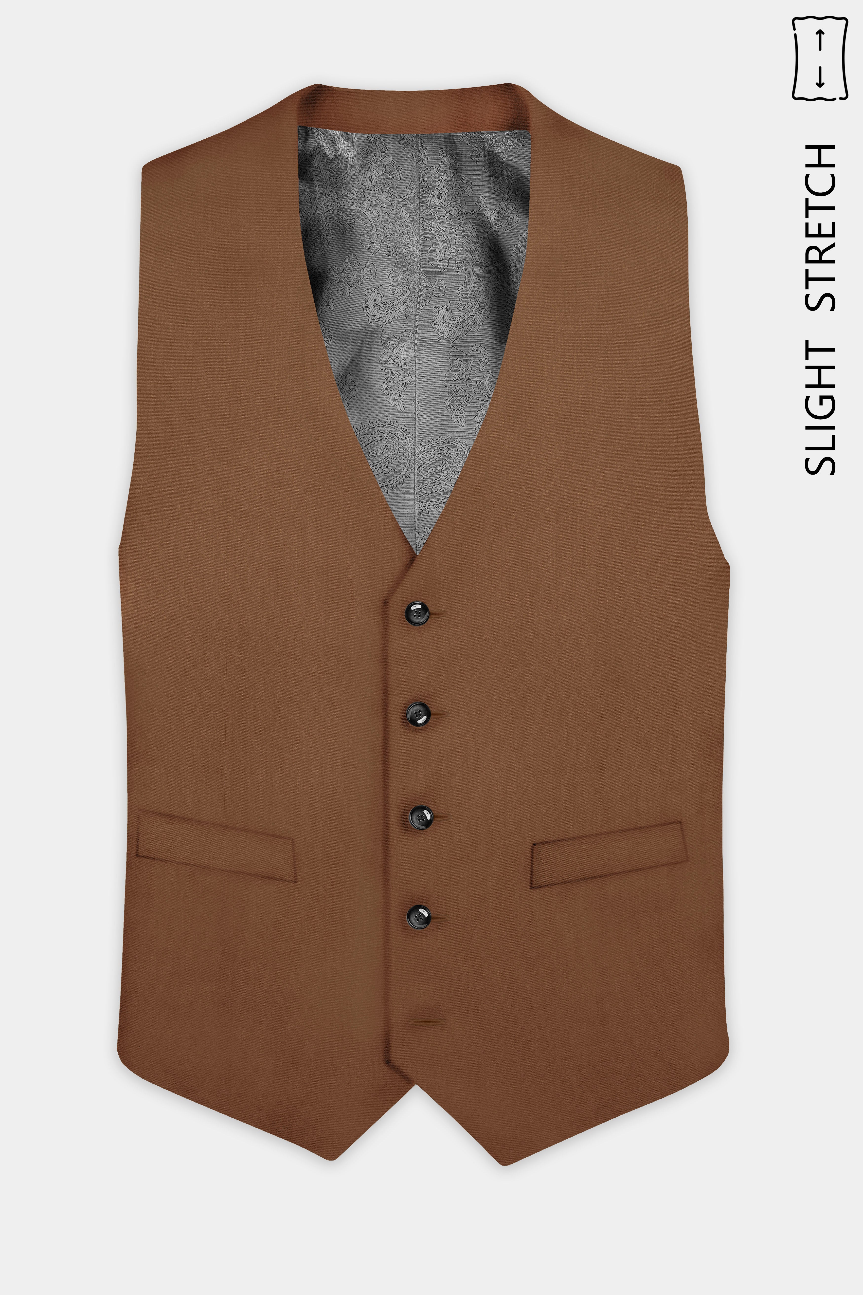 Bronze-Tawny Brown Solid Wool Rich Slight Stretch Waistcoat