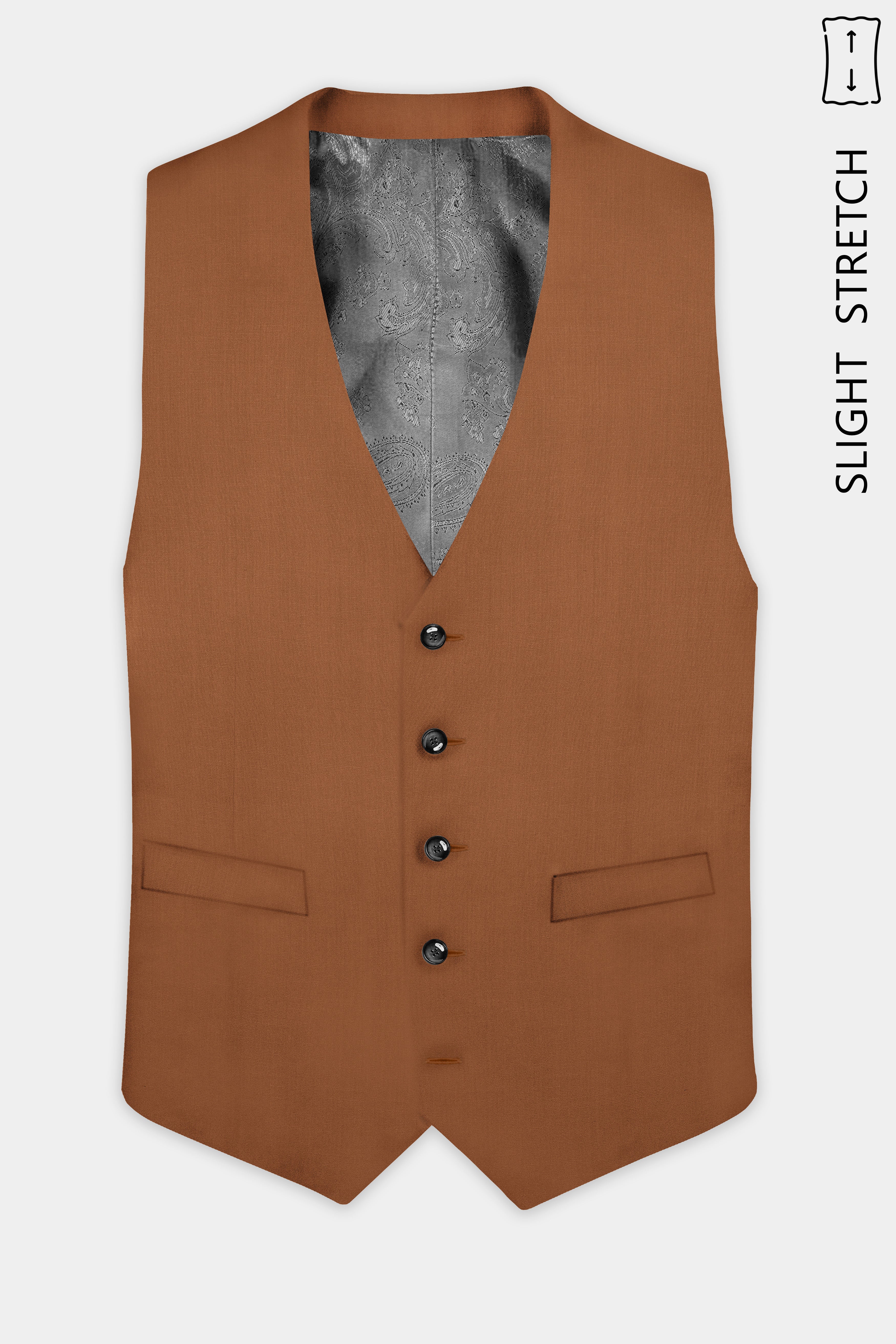 Cinnamon Oak-Sienna Brown Solid Wool Rich Slight Stretch Waistcoat
