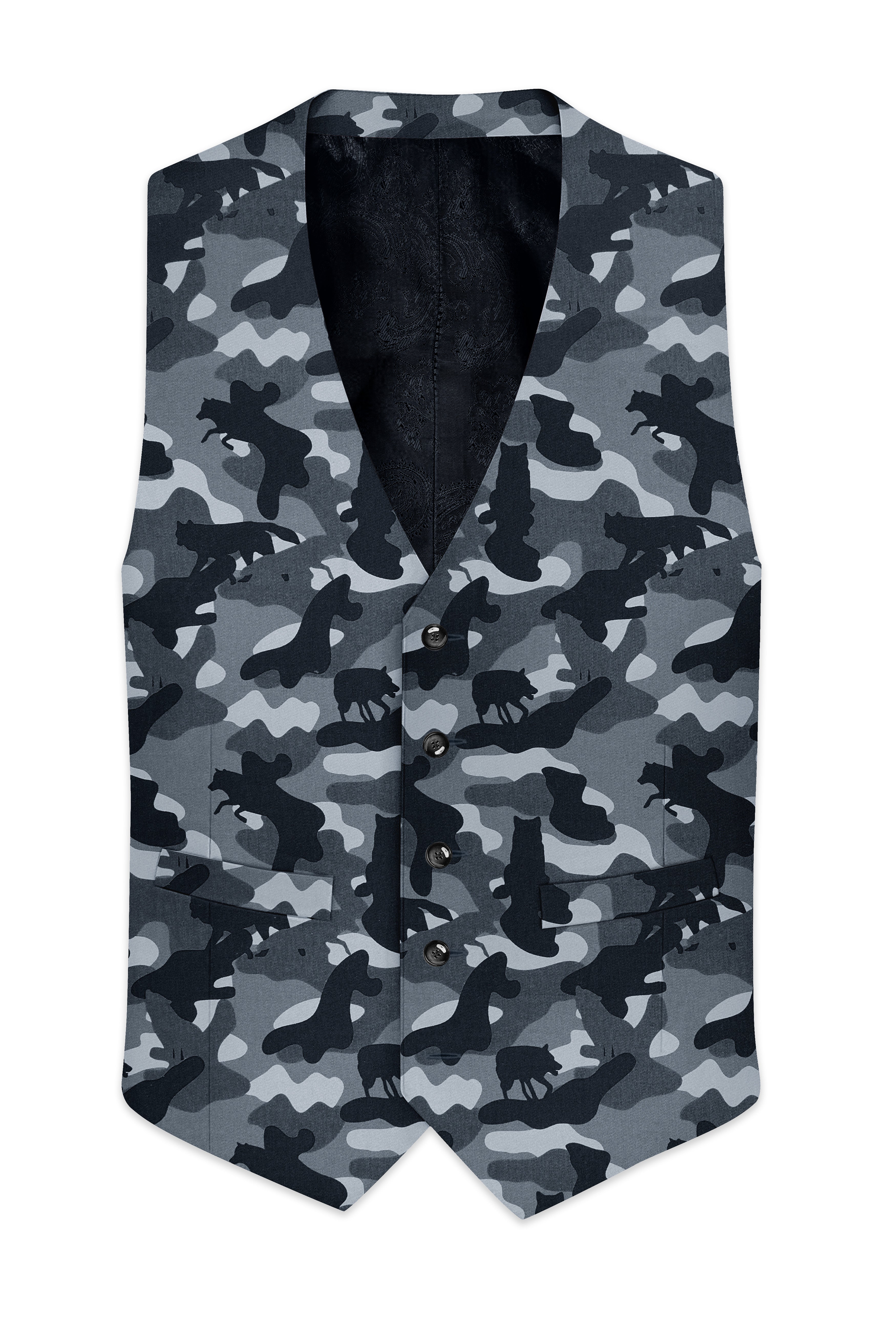 Carbon Gray And Cinder Black Camouflage Printed Cotton Waistcoat