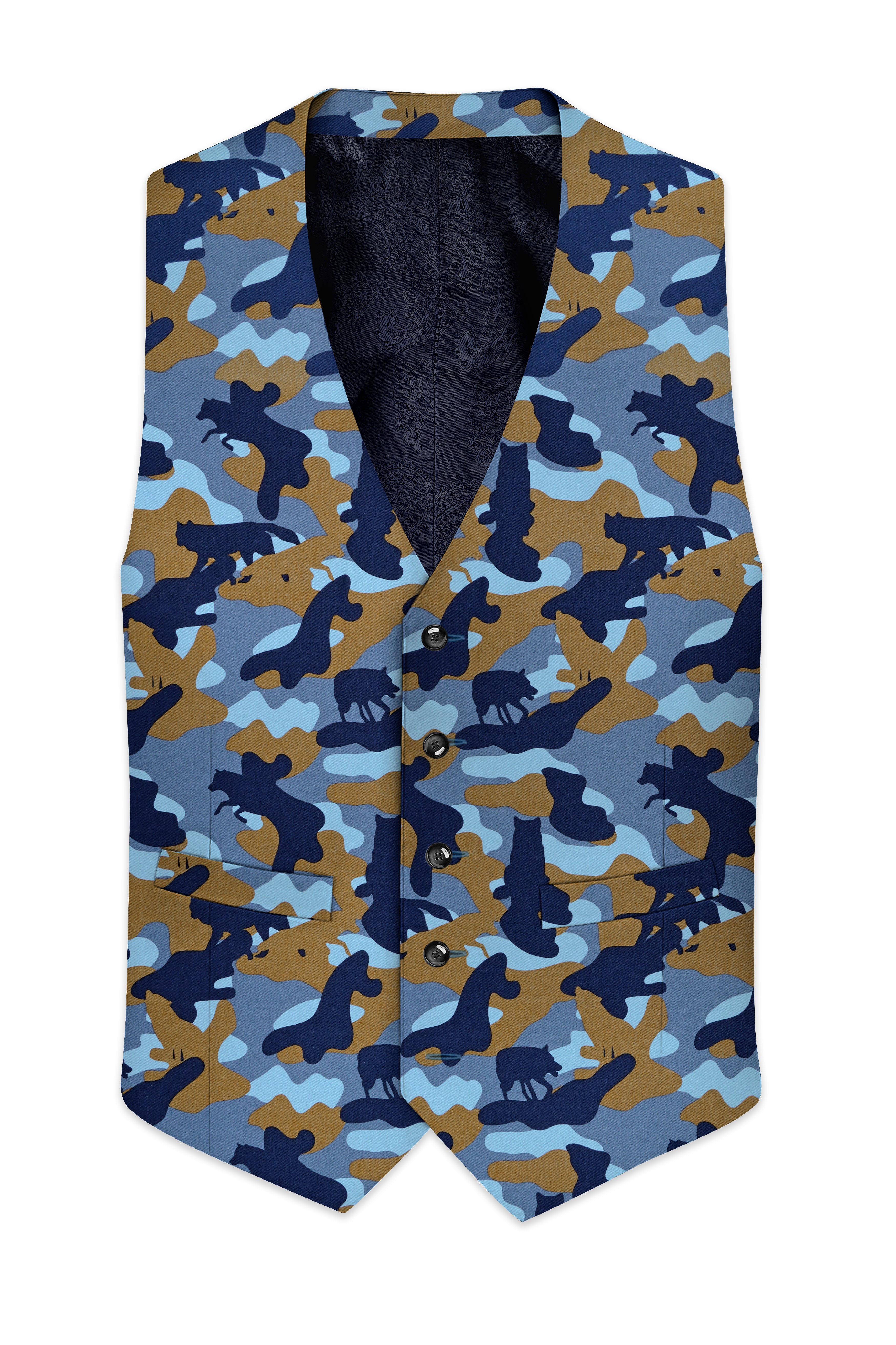 Martinique Blue And Irish Brown Camouflage Printed Waistcoat