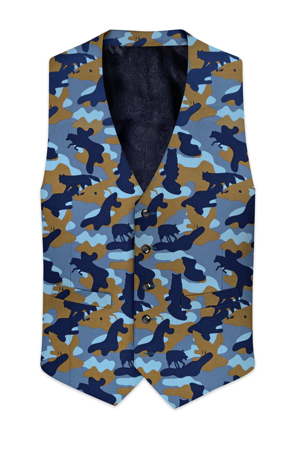 Martinique Blue And Irish Brown Camouflage Printed Waistcoat