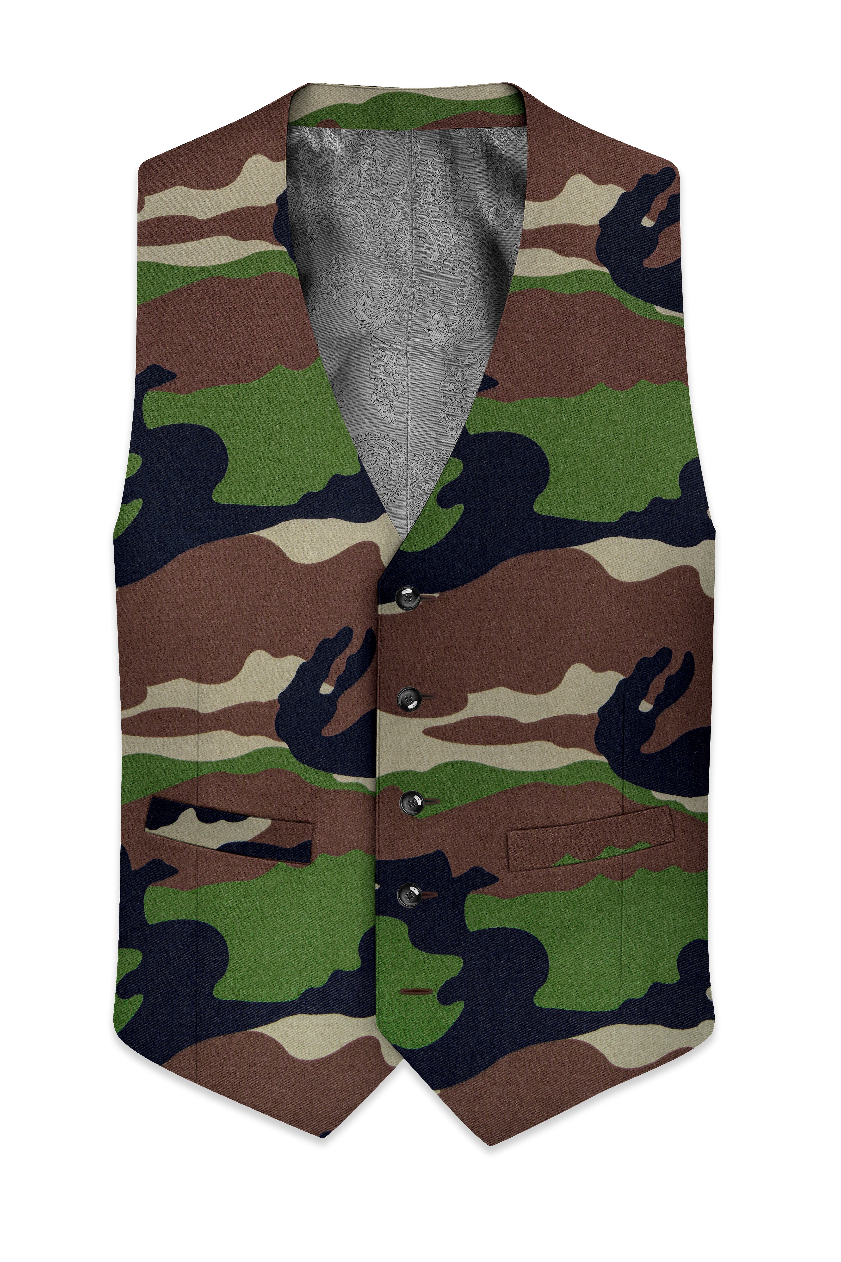 Aurever-Beaver Brown and Finch Green Camouflage Printed Premium Cotton Waistcoats