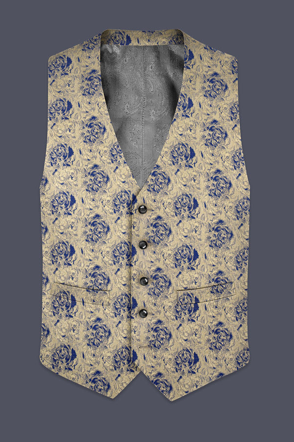 Jacqoro-Gravel Blue and Golden Jacquard Textured Waistcoat