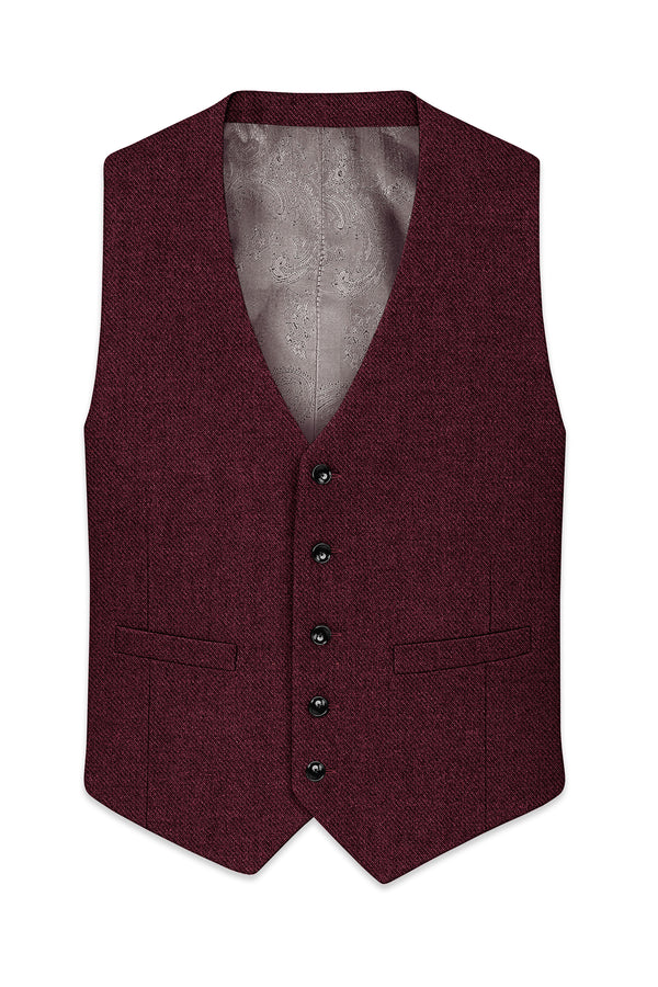 Burgvoro-Crated Maroon Textured Tweed Waistcoat