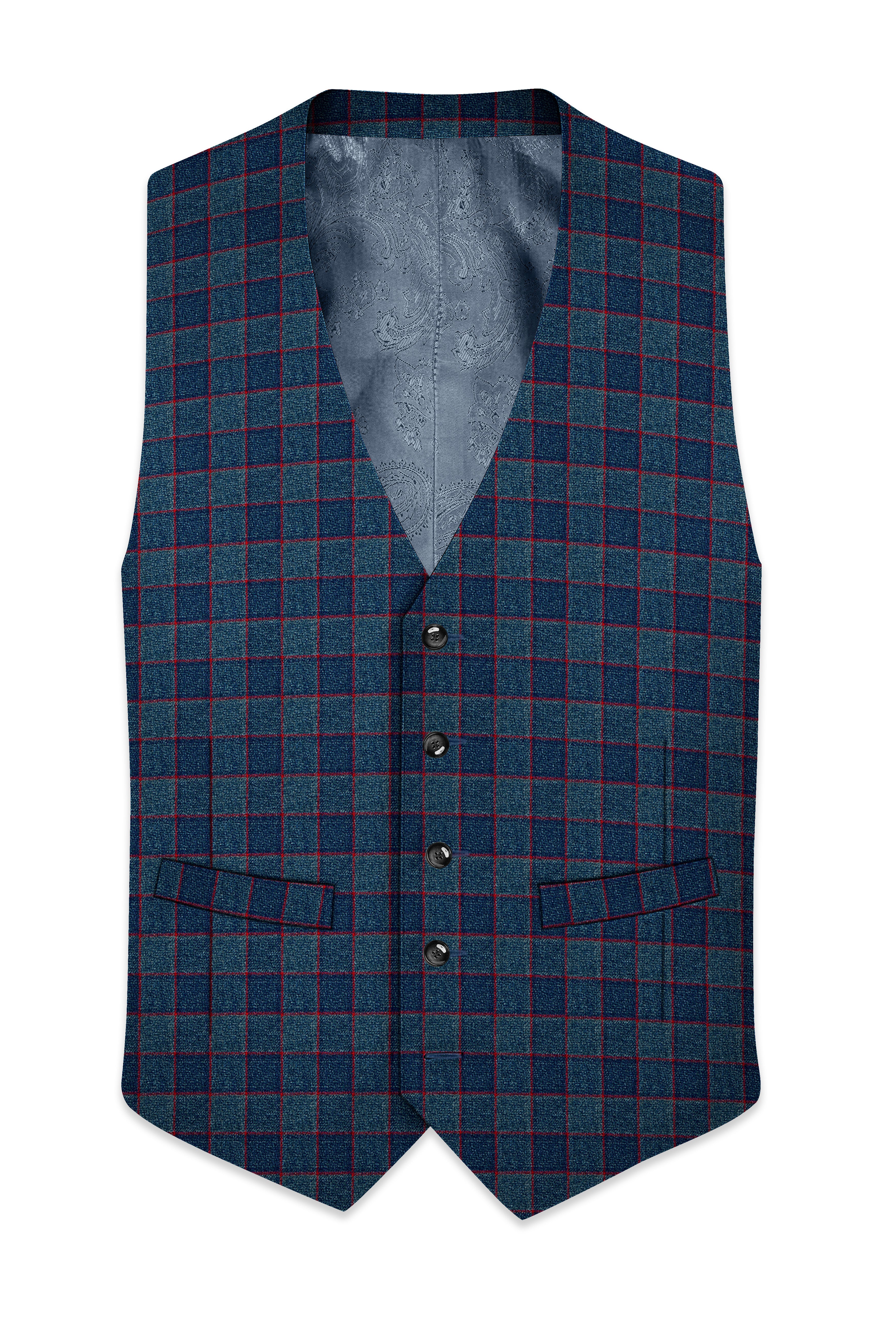 Panevoro-Vintage Blue Windowpane Premium Cotton Waistcoat