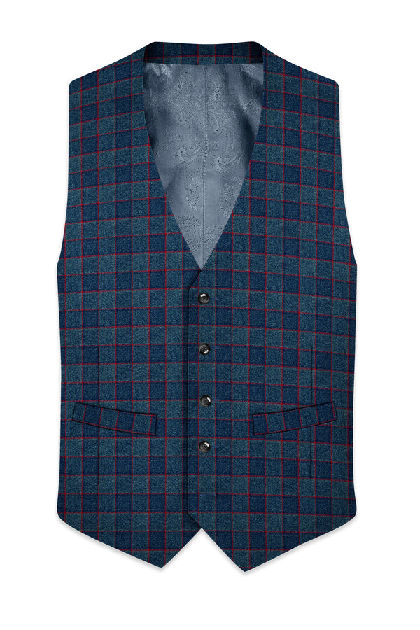 Panevoro-Vintage Blue Windowpane Premium Cotton Waistcoat