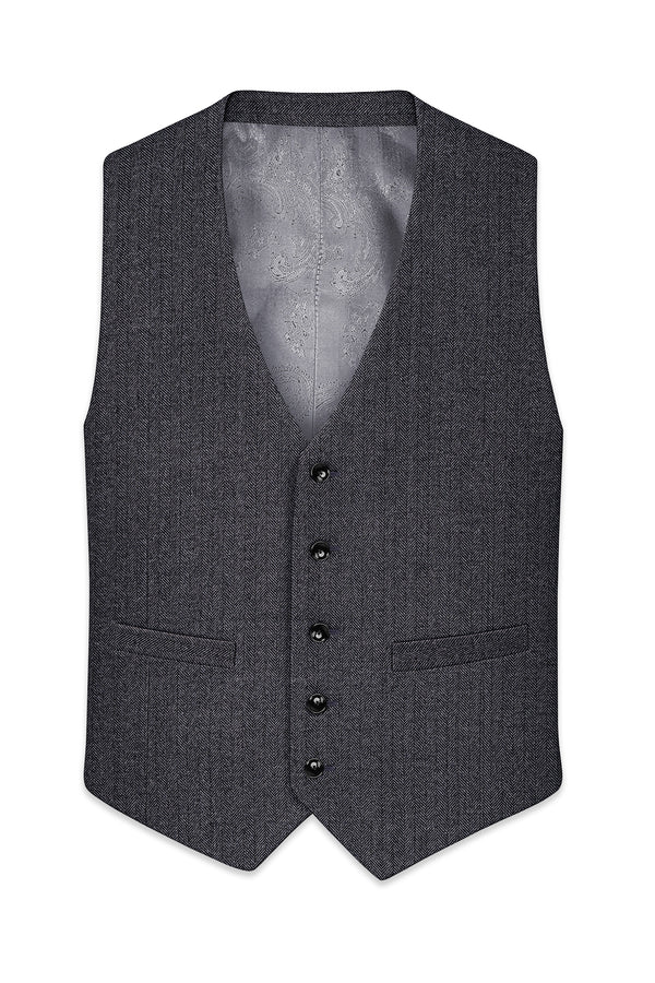 Silvoro-Iridium Gray Herringbone Textured Tweed Waistcoat