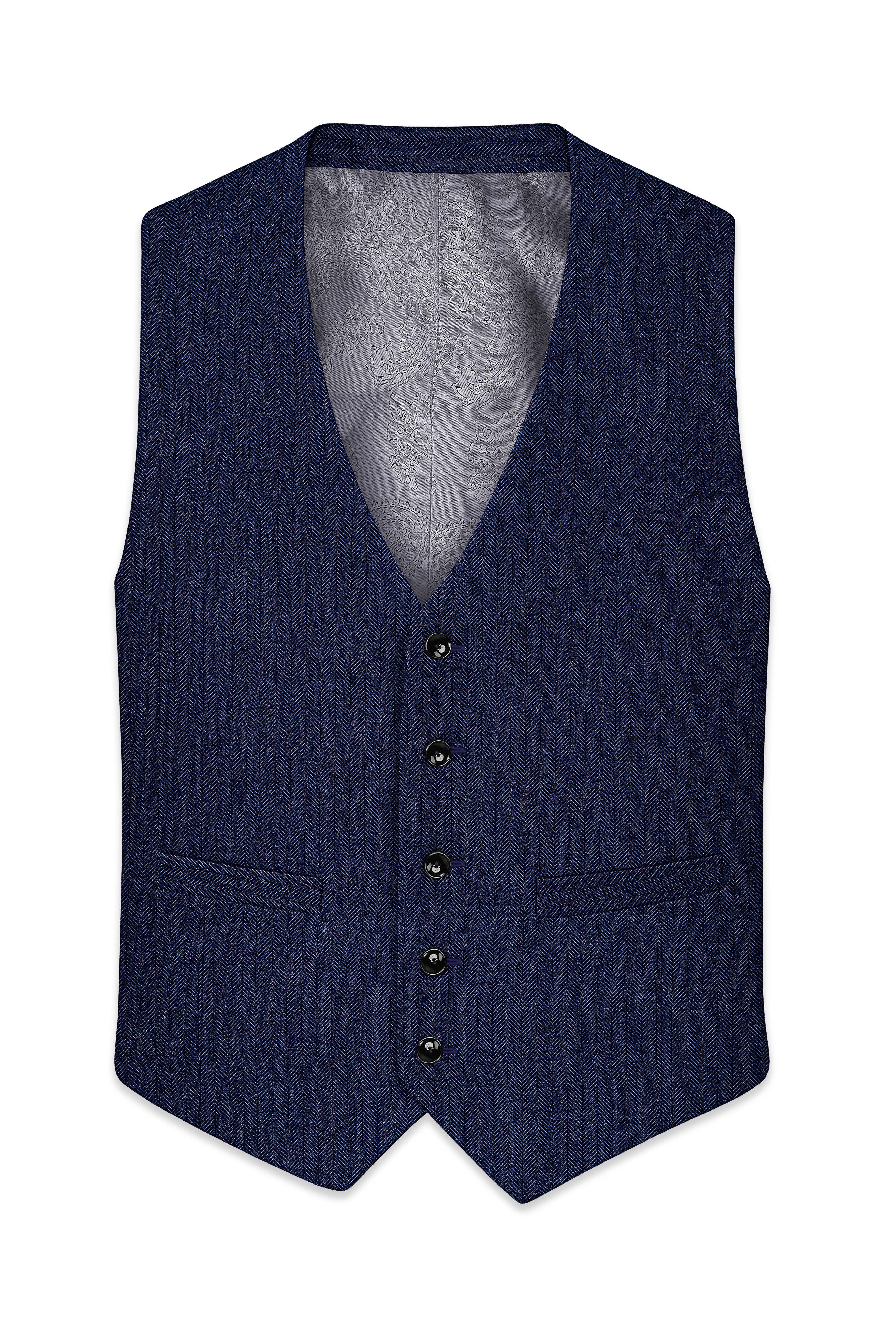 Aurevu-Vulcan Blue Herringbone Textured Tweed Waistcoat
