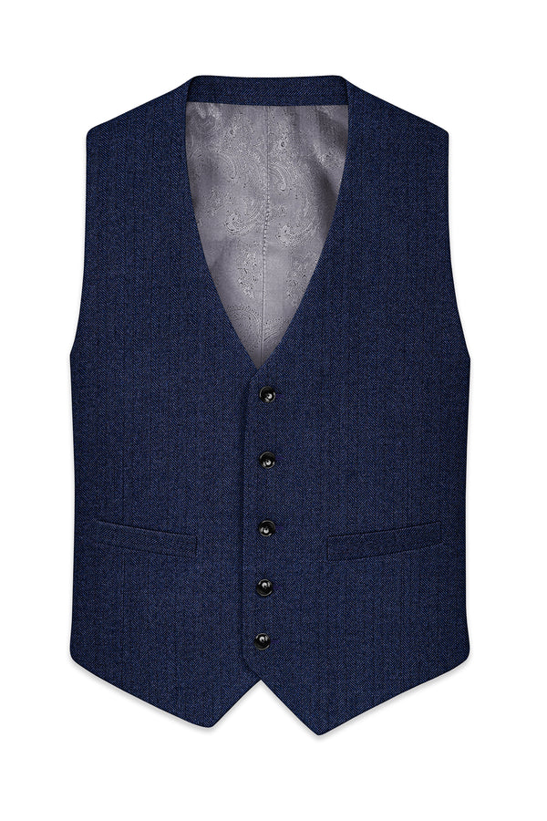 Aurevu-Vulcan Blue Herringbone Textured Tweed Waistcoat