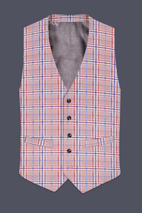 Velour-Turkish Rose Pink And Wild Blue Plaid Wool Rich Waistcoat