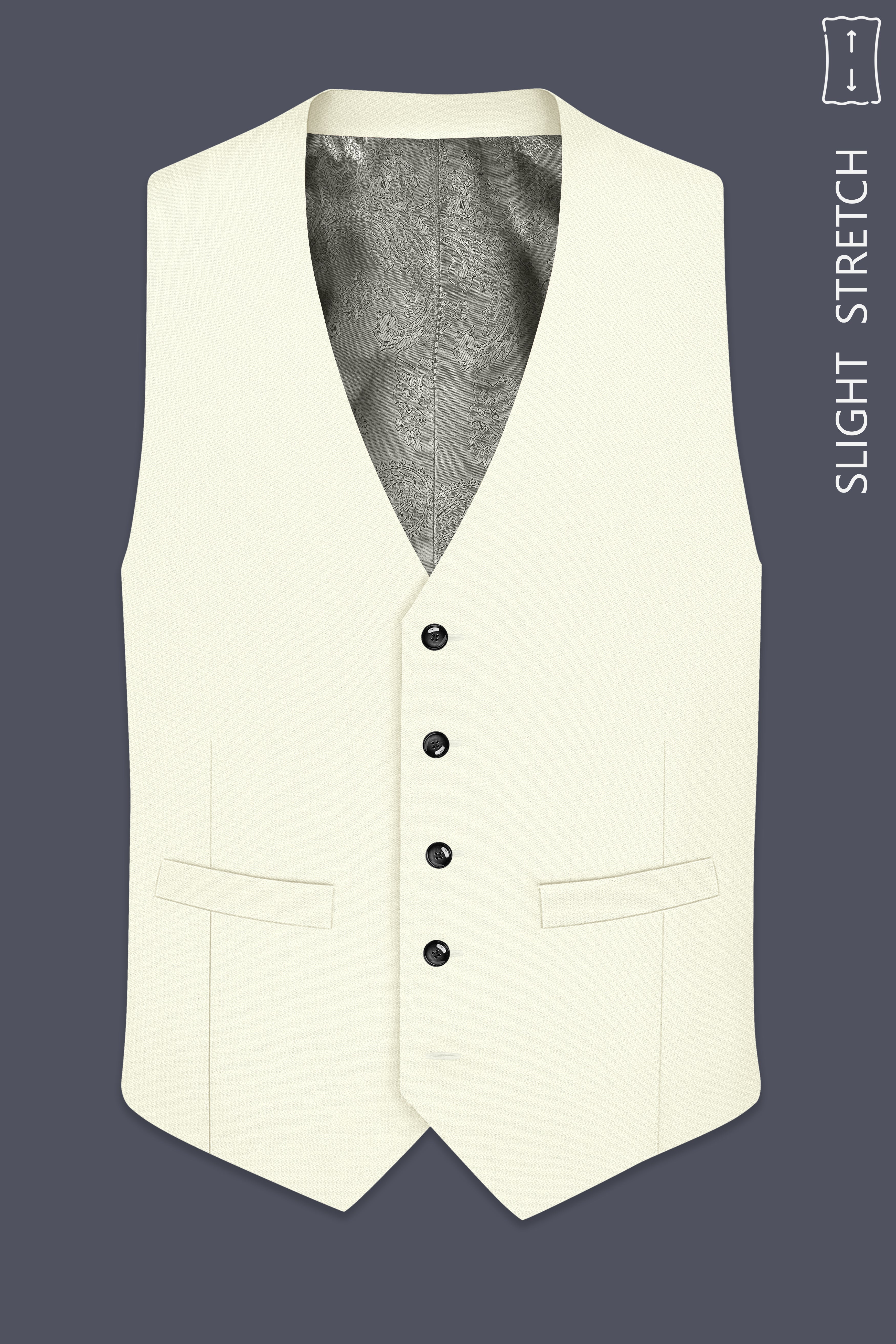 Ecru-Merino Off White Diamond Textured Wool Rich Slight Stretch Waistcoat