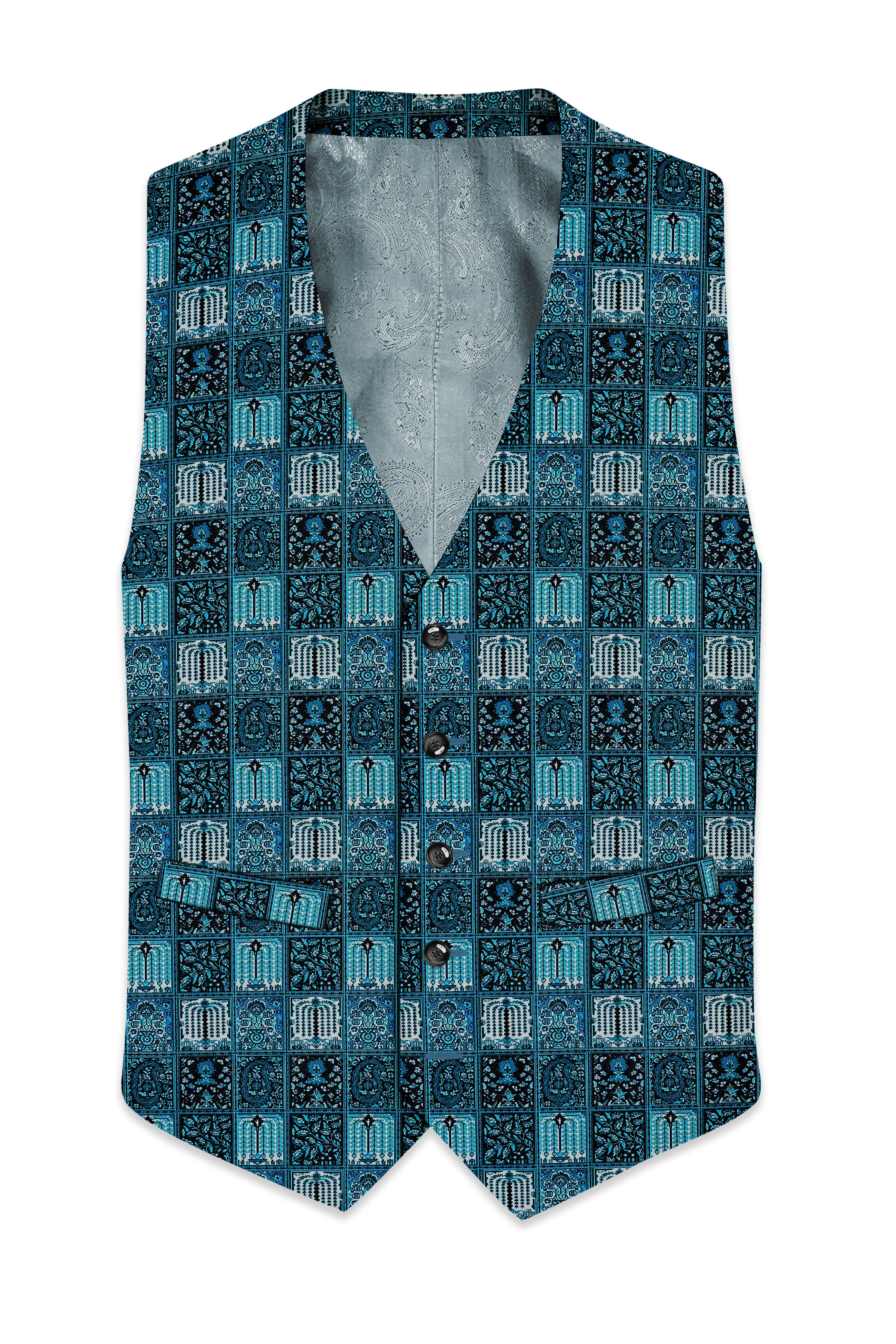 Zenith-Astronaut Blue Geometric Mosaic Printed Wool Rich Waistcoat