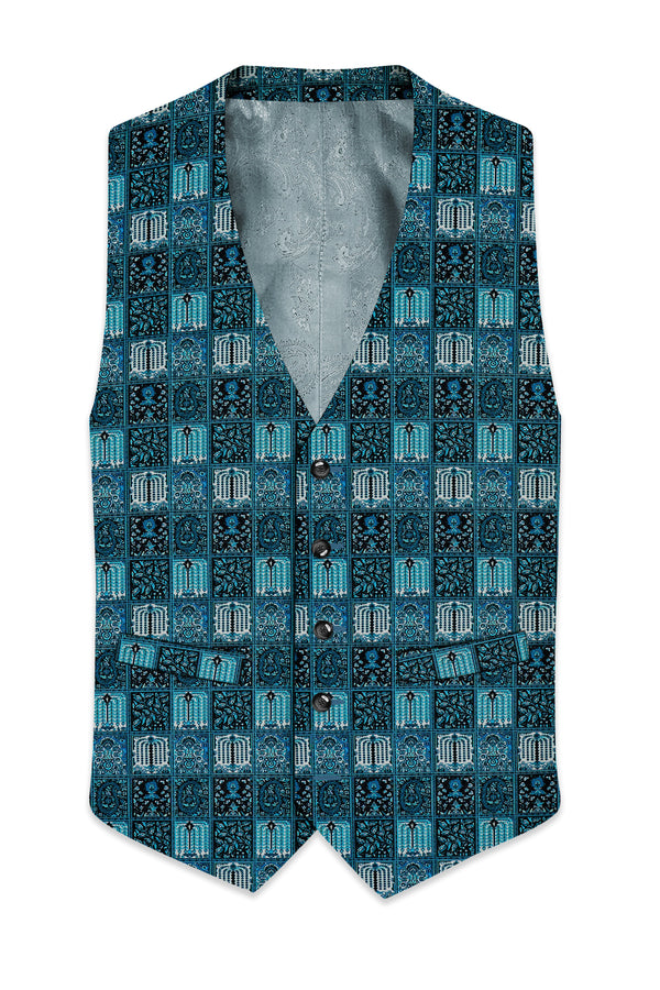 Zenith-Astronaut Blue Geometric Mosaic Printed Wool Rich Waistcoat