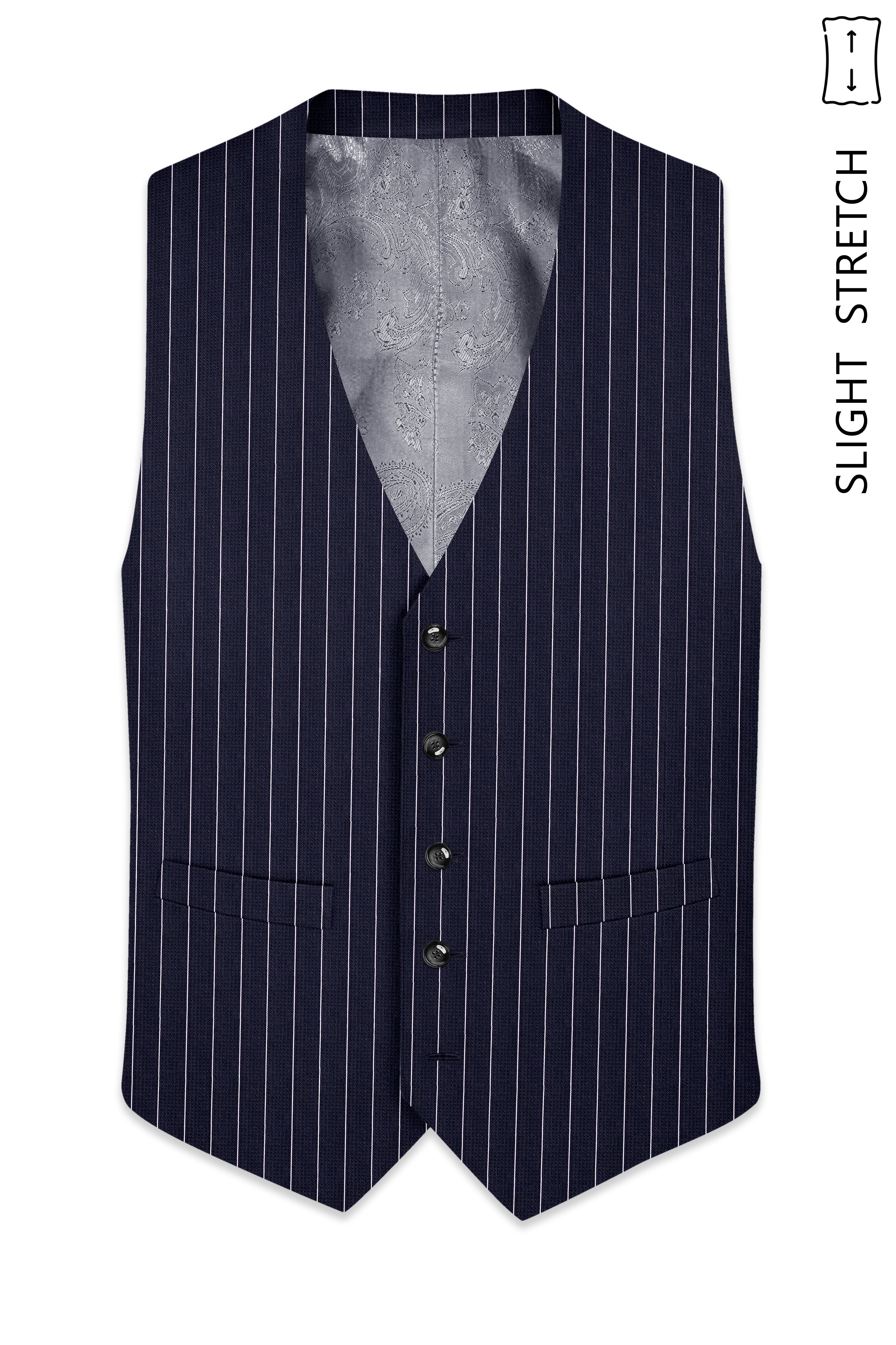 Regent-Ebony Blue And Bright White Chalk Striped Wool Rich Slight Stretch Waistcoat