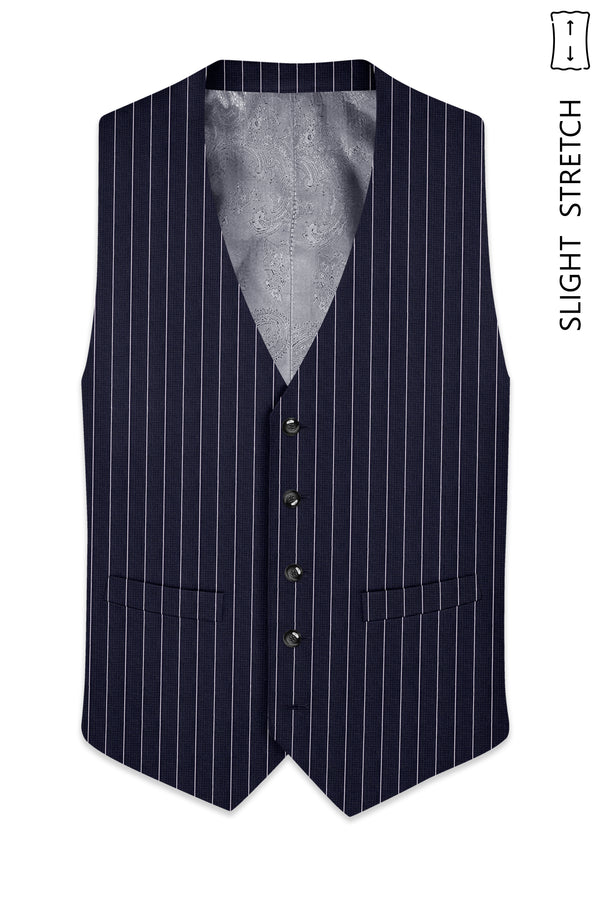 Regent-Ebony Blue And Bright White Chalk Striped Wool Rich Slight Stretch Waistcoat