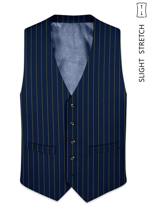 Aurum-Midnight Blue And Harvest Yellow Chalk Striped Wool Rich Slight Stretch Waistcoat