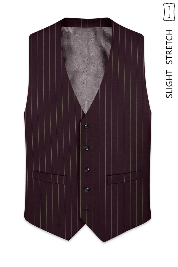 Valiant-Seal Maroon And Bright White Chalk Striped Wool Rich Slight Stretch Waistcoat